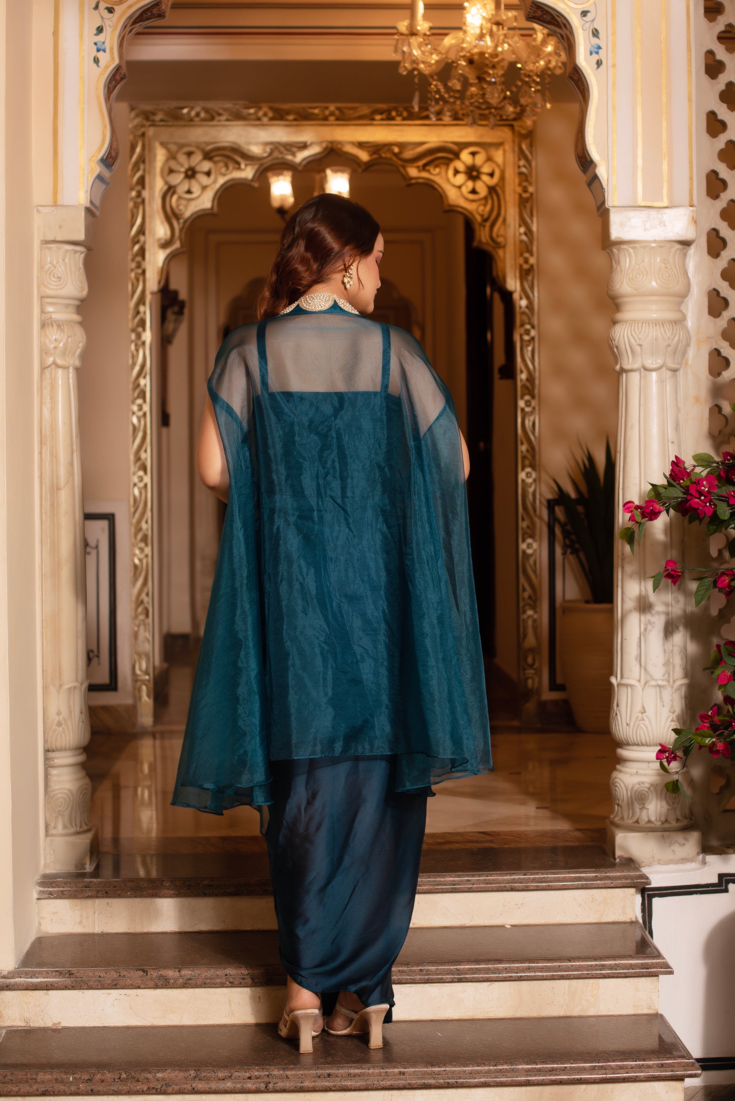 Blue Satin Pre Draped Skirt Shrug Set