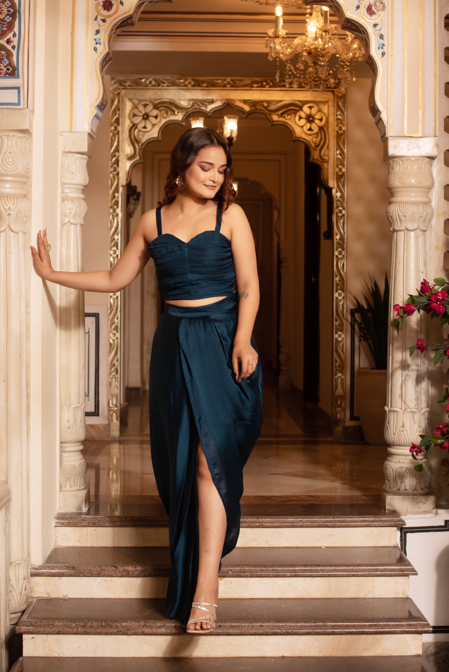 Blue Satin Pre Draped Skirt Shrug Set