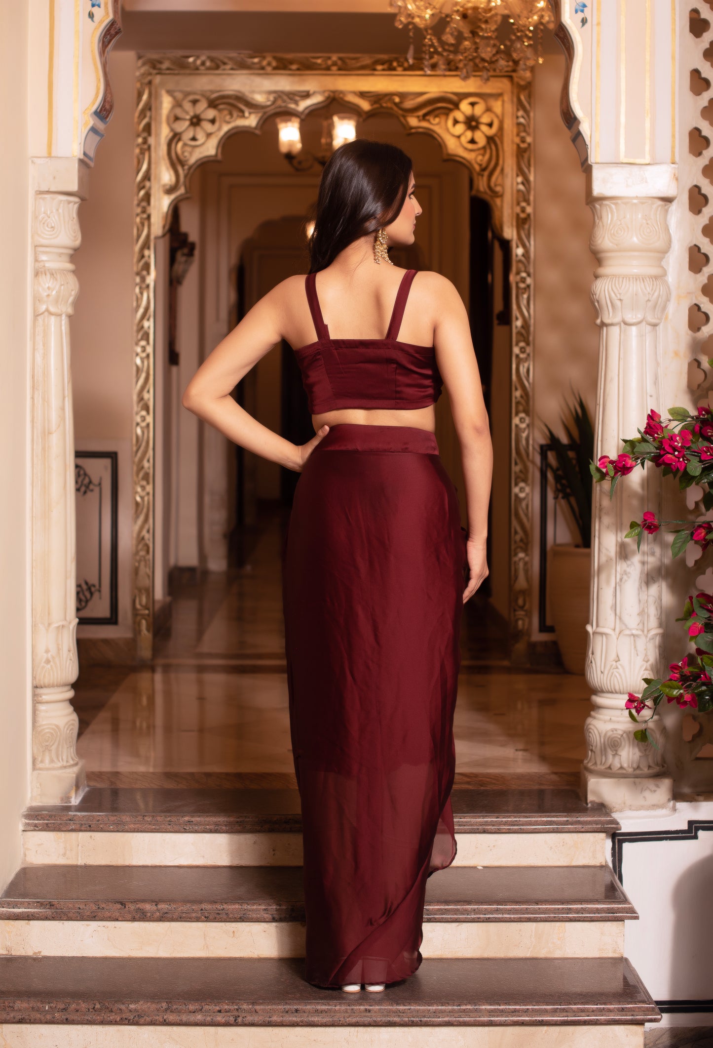 Brown Satin Pre Draped Skirt Shrug Set