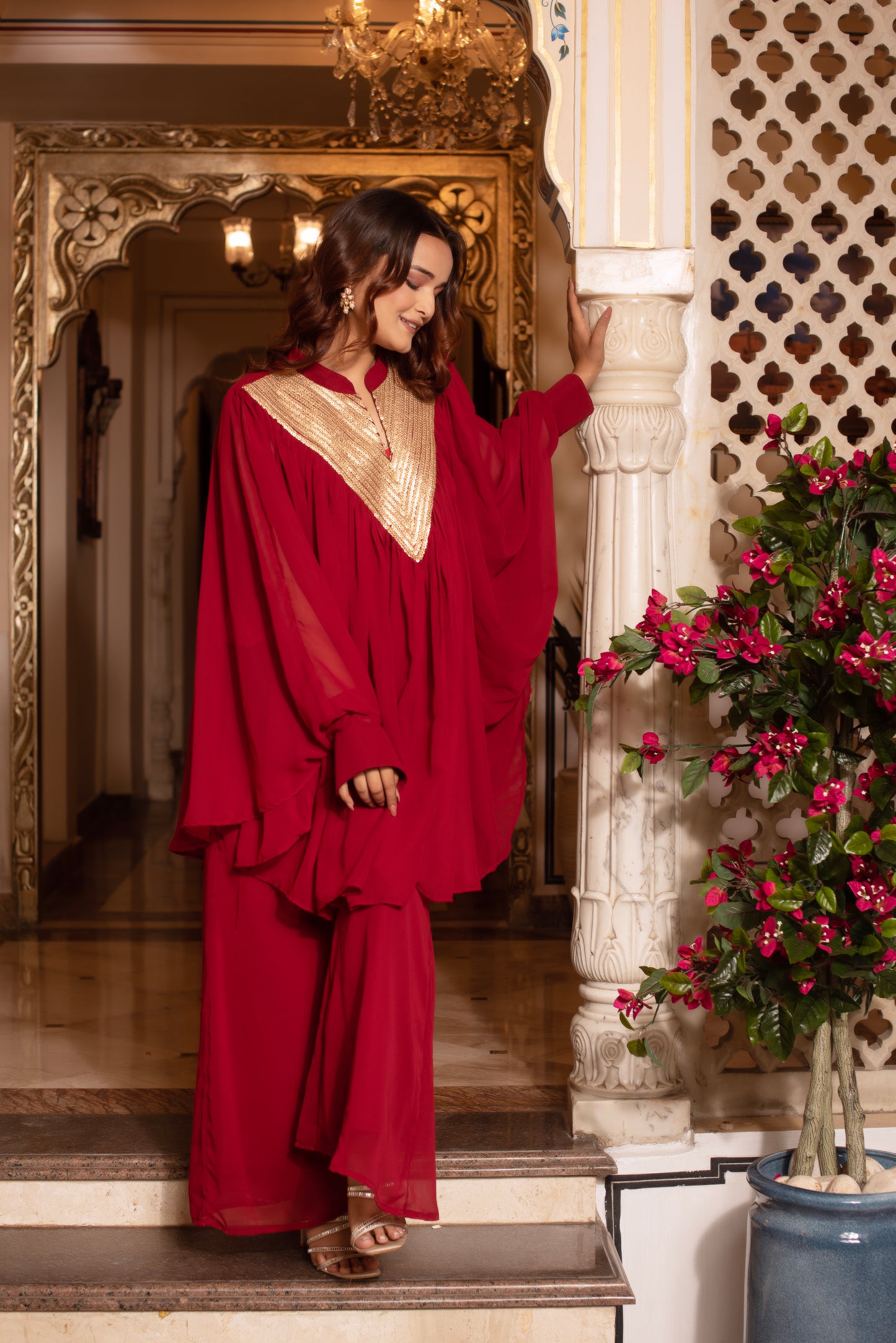 Maroon Georgette Sequined Coord Set