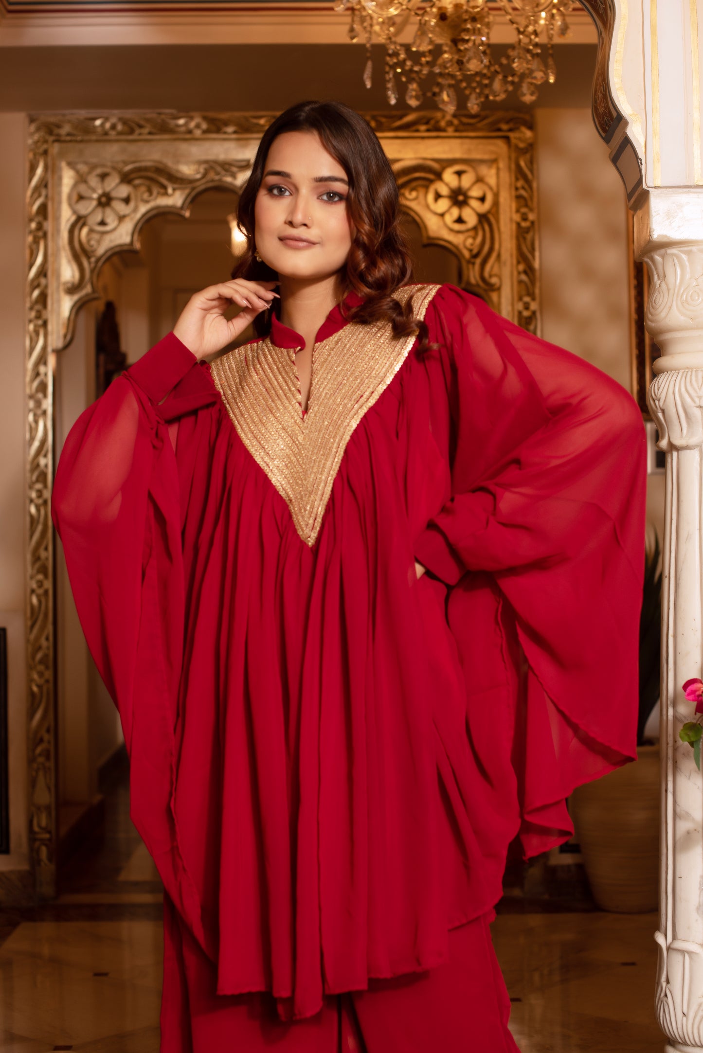 Maroon Georgette Sequined Coord Set