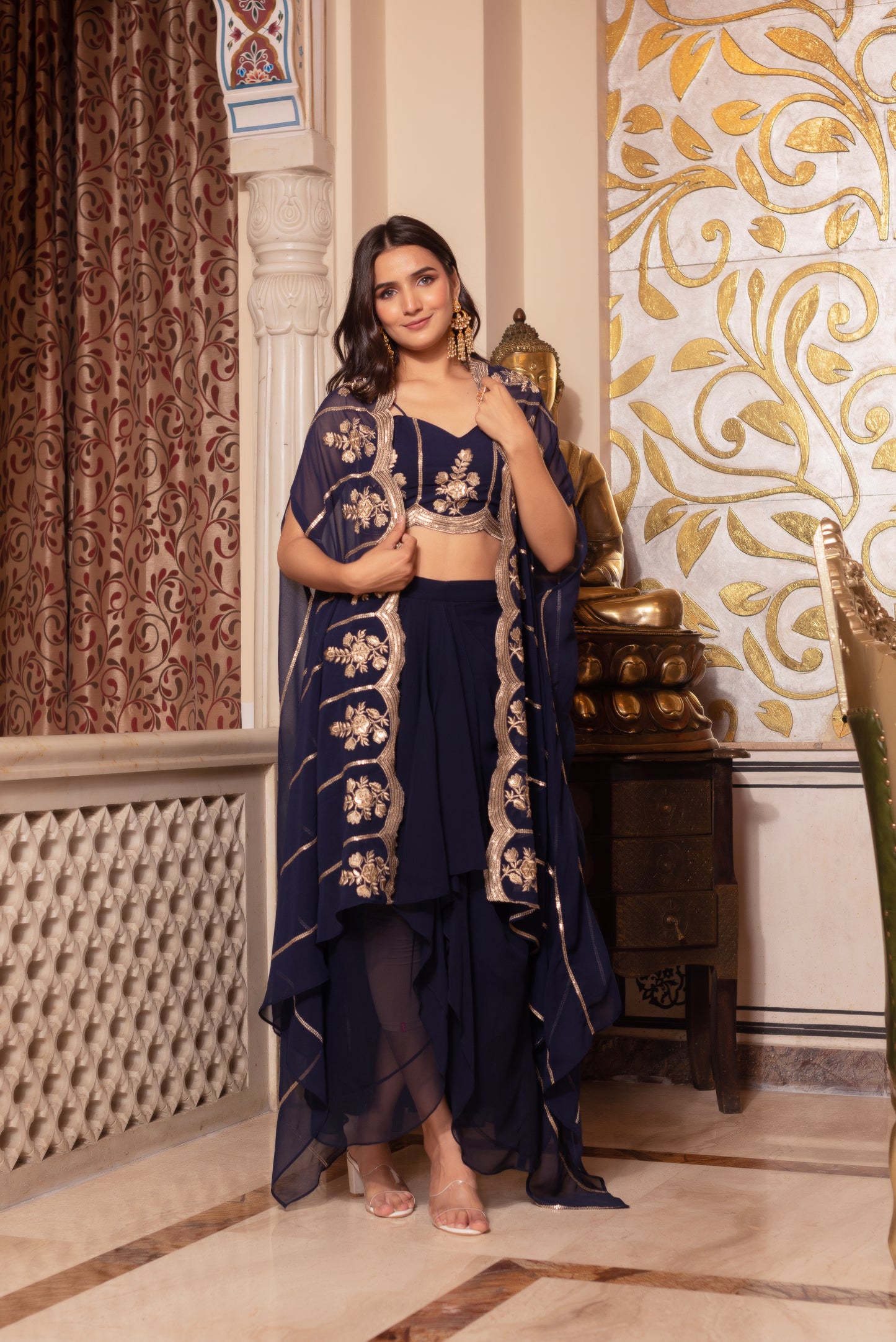 Navy Blue Georgette Embroidered Skirt set