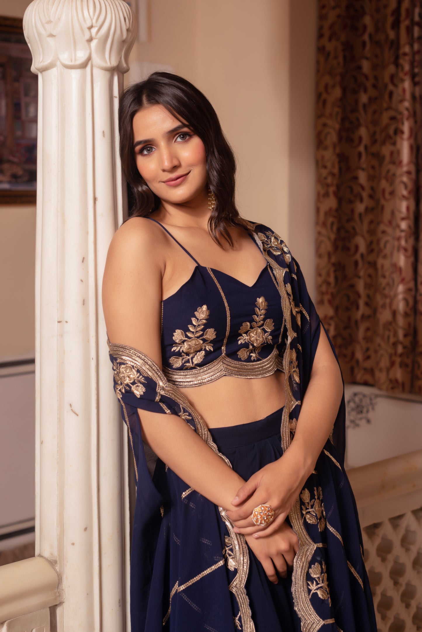Navy Blue Georgette Embroidered Skirt set