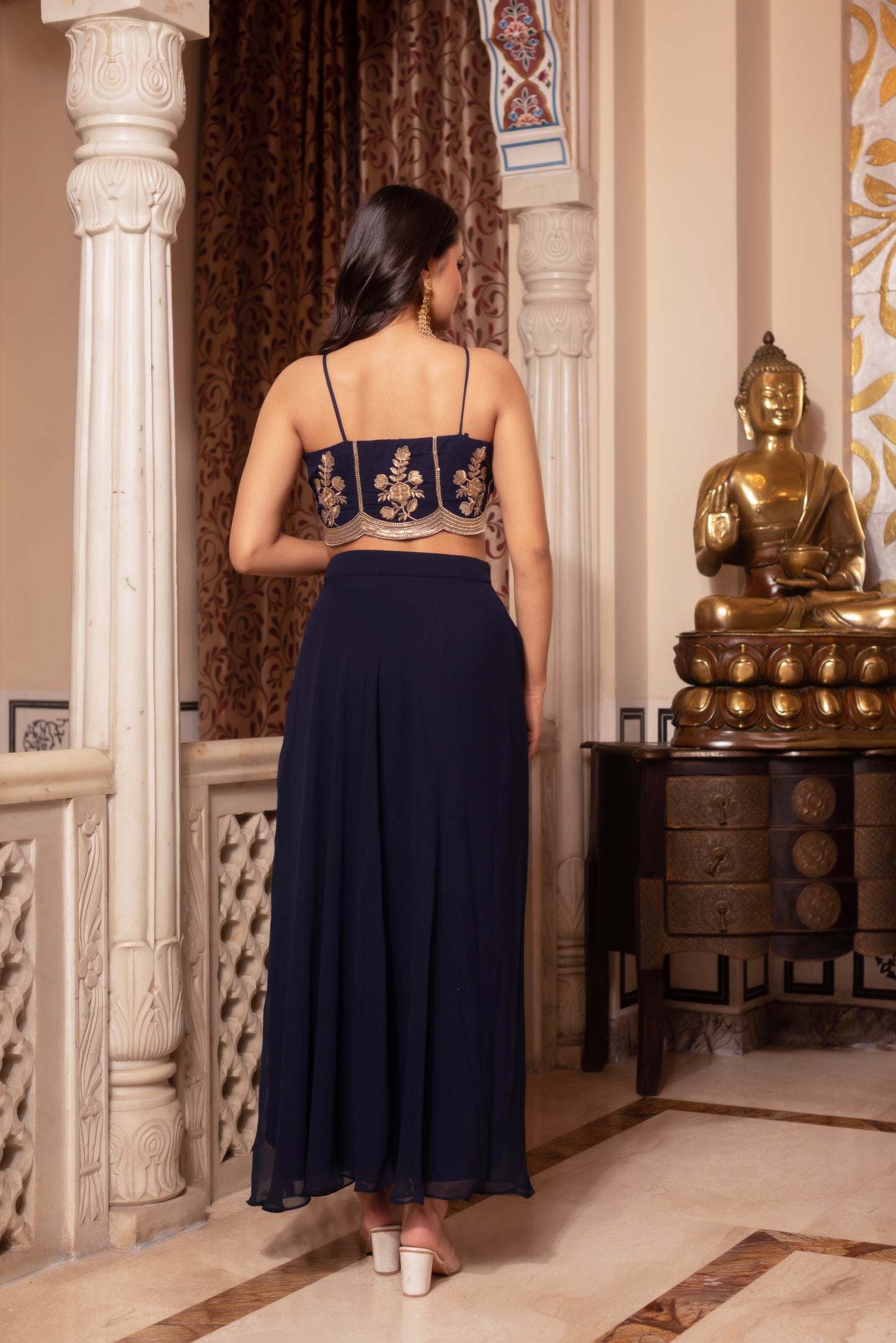 Navy Blue Georgette Embroidered Skirt set