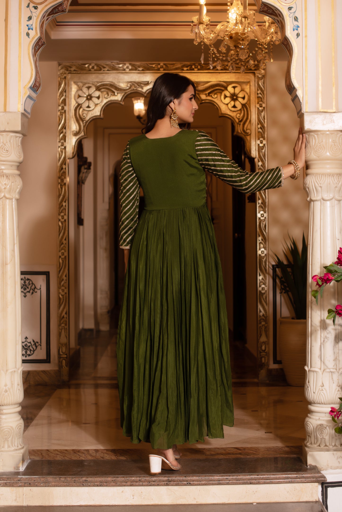 Mehendi Green Sequined Chinon Anarkali Suit Set