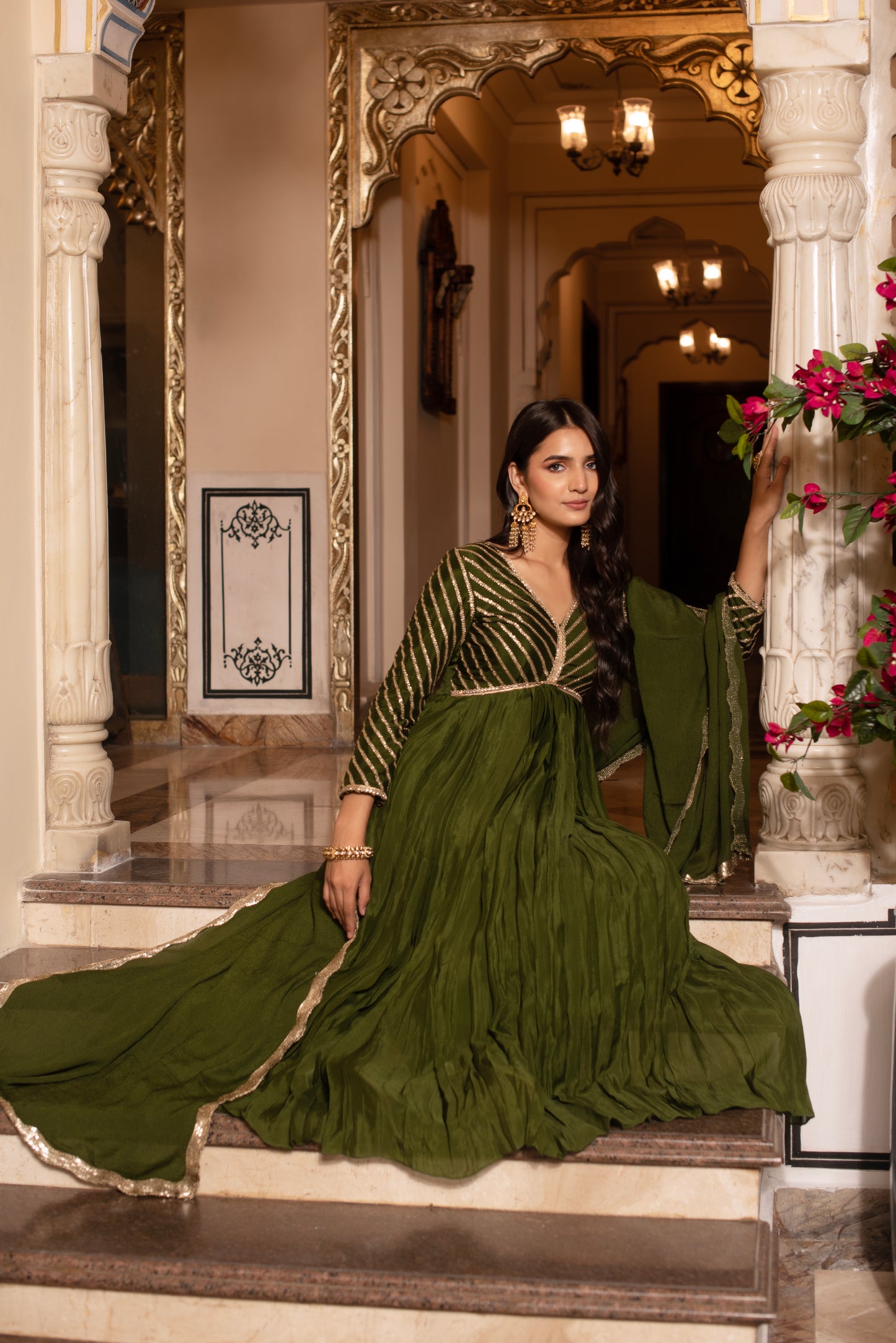 Mehendi Green Sequined Chinon Anarkali Suit Set