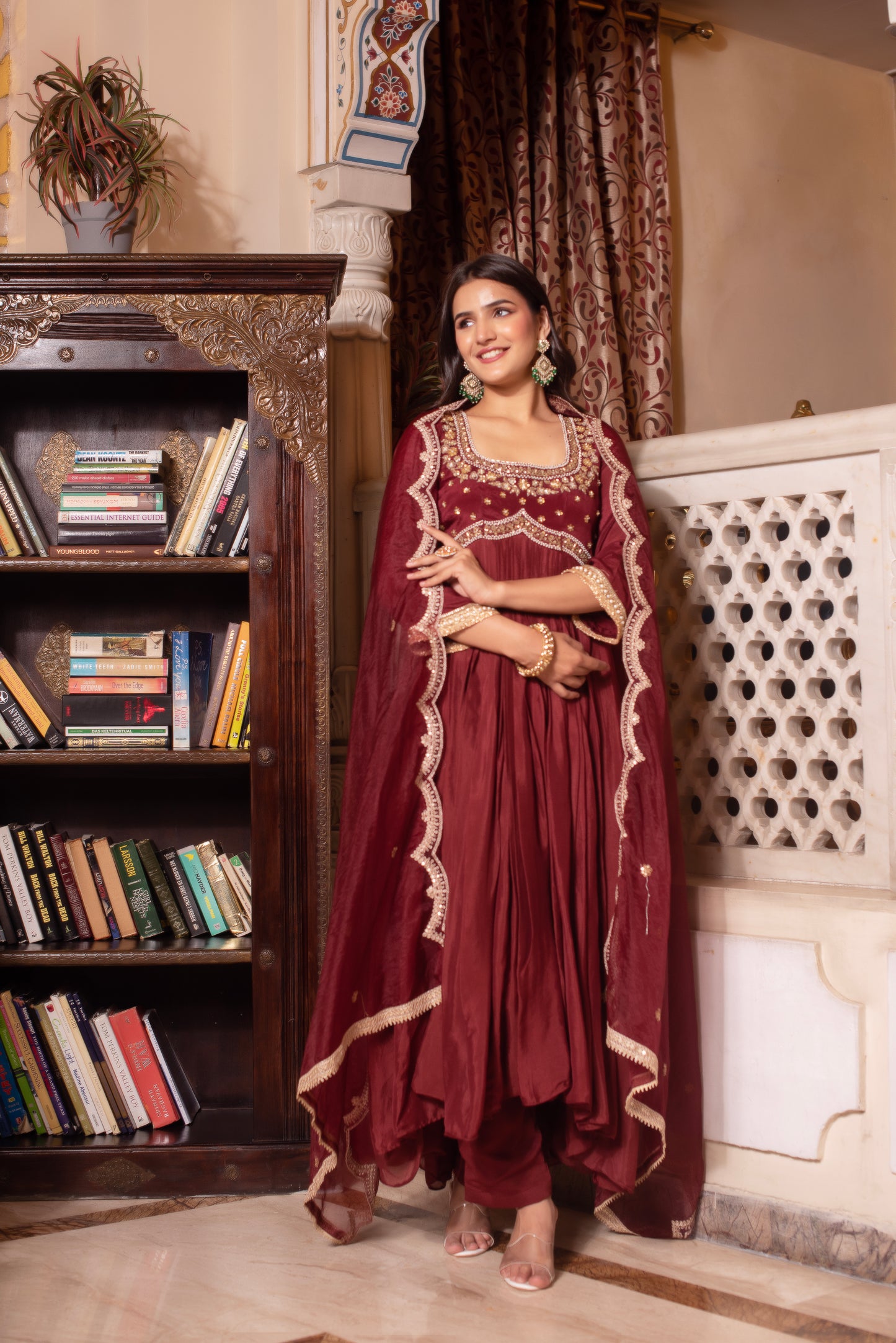 Brown Chinon Handwork Anarkali Suit Set