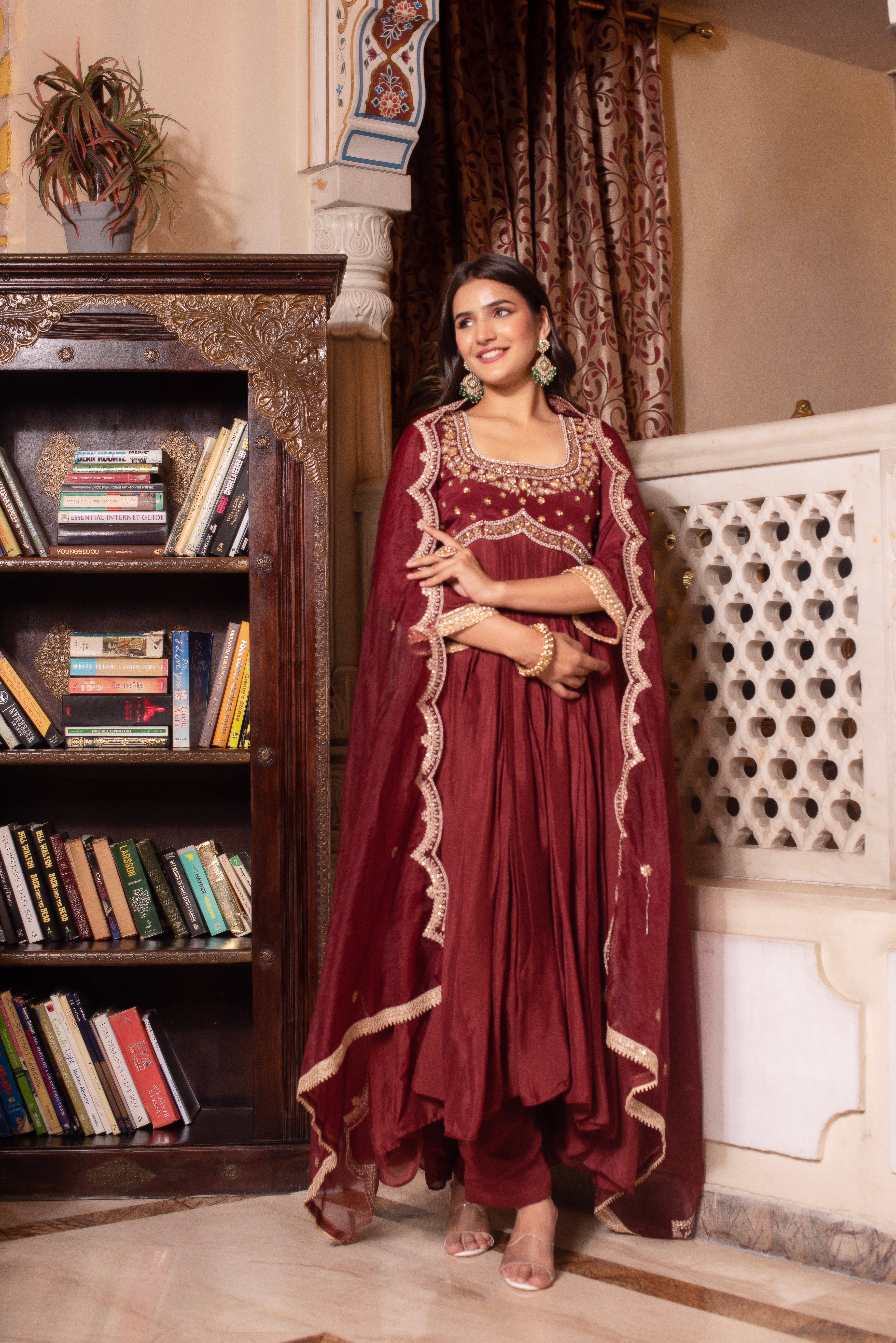 Brown Chinon Handwork Anarkali Suit Set