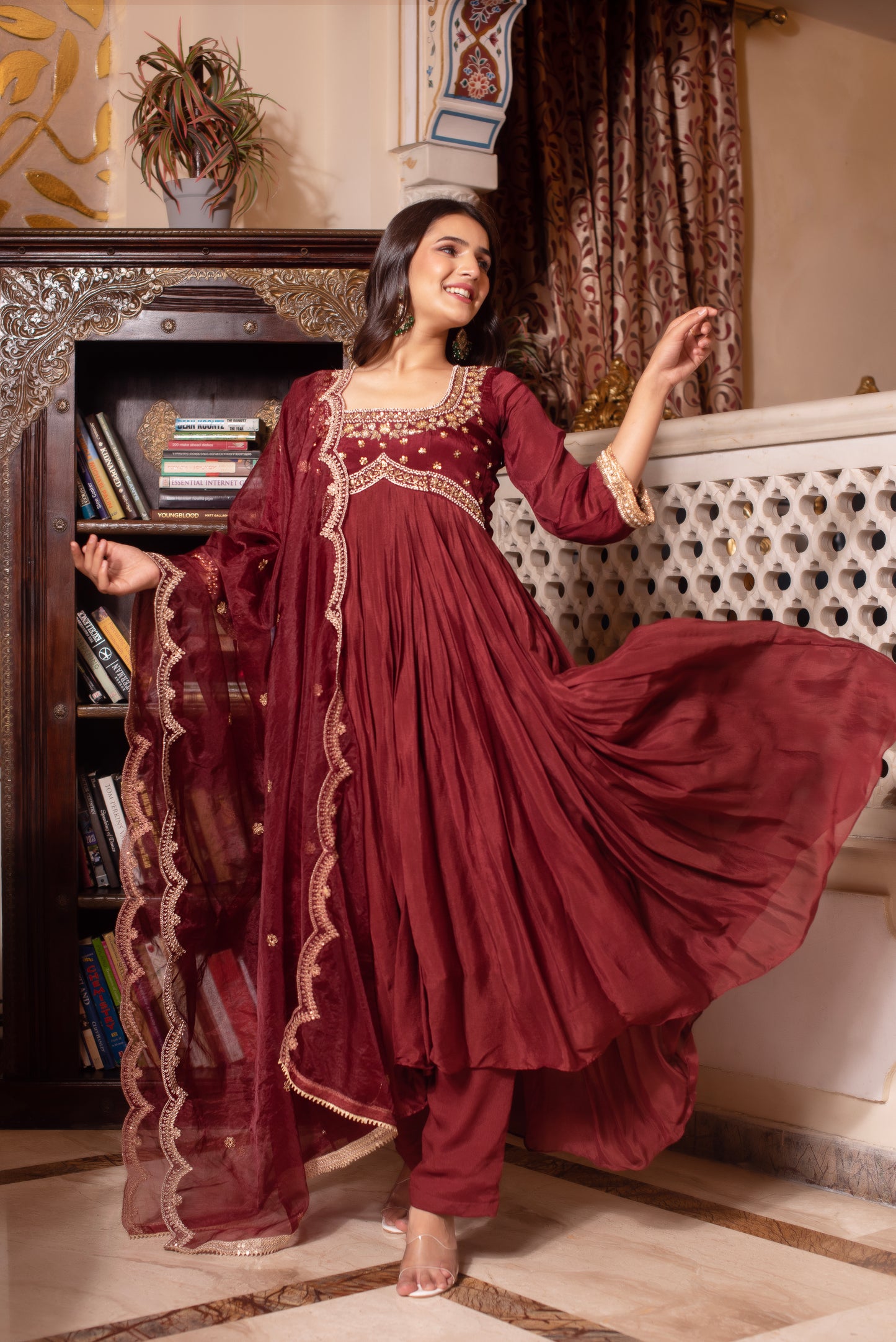 Brown Chinon Handwork Anarkali Suit Set