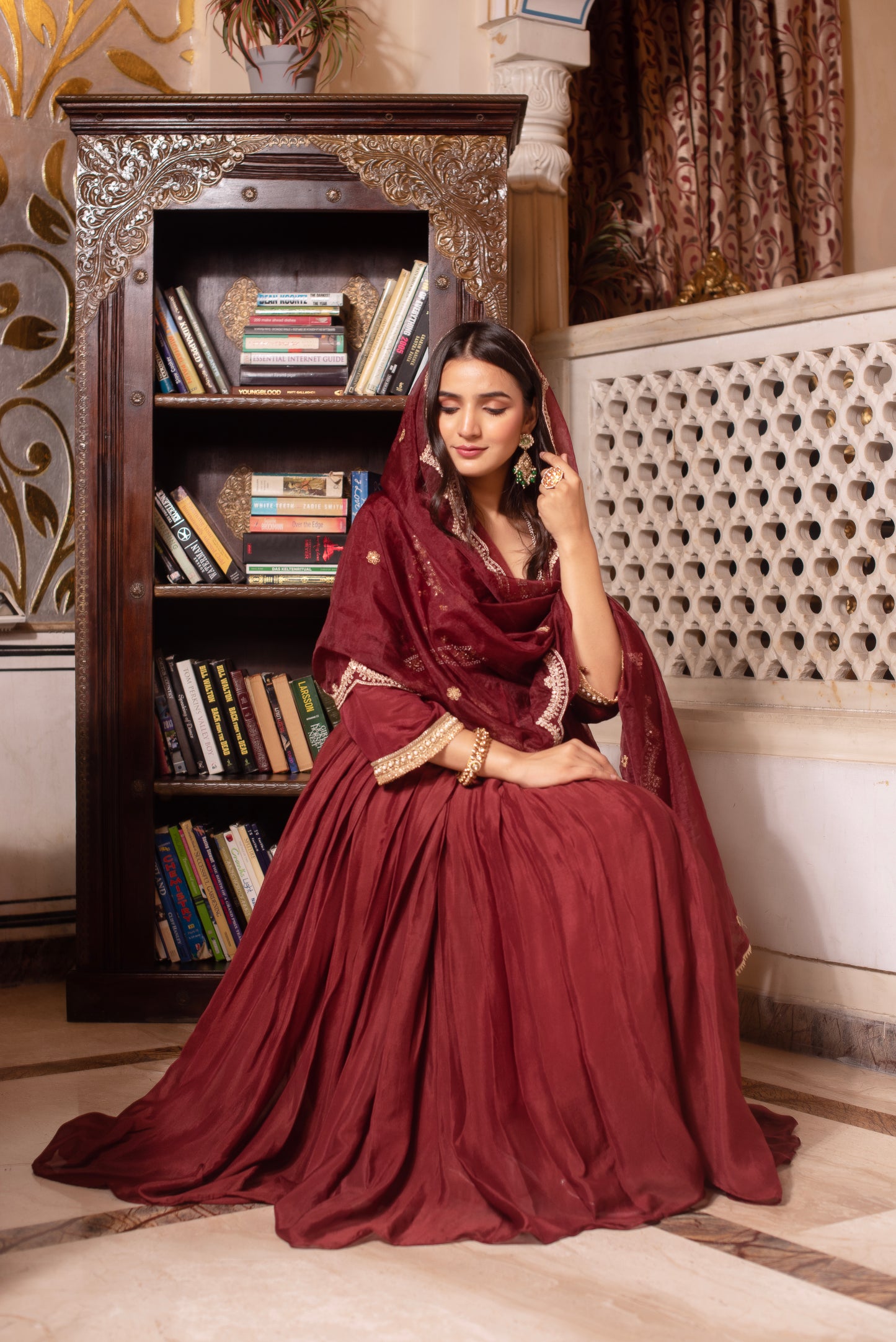 Brown Chinon Handwork Anarkali Suit Set