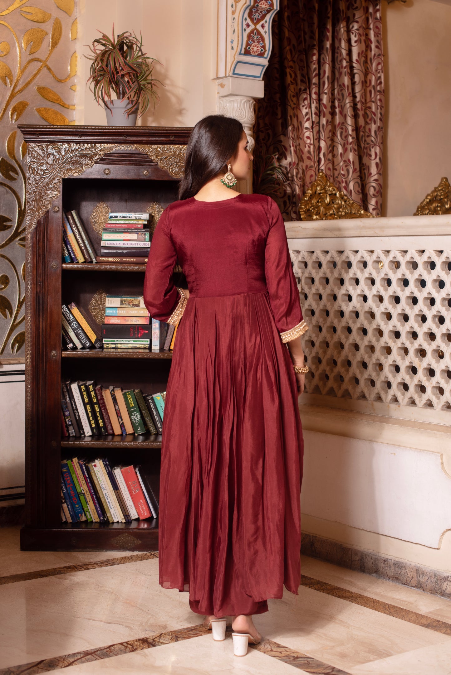 Brown Chinon Handwork Anarkali Suit Set
