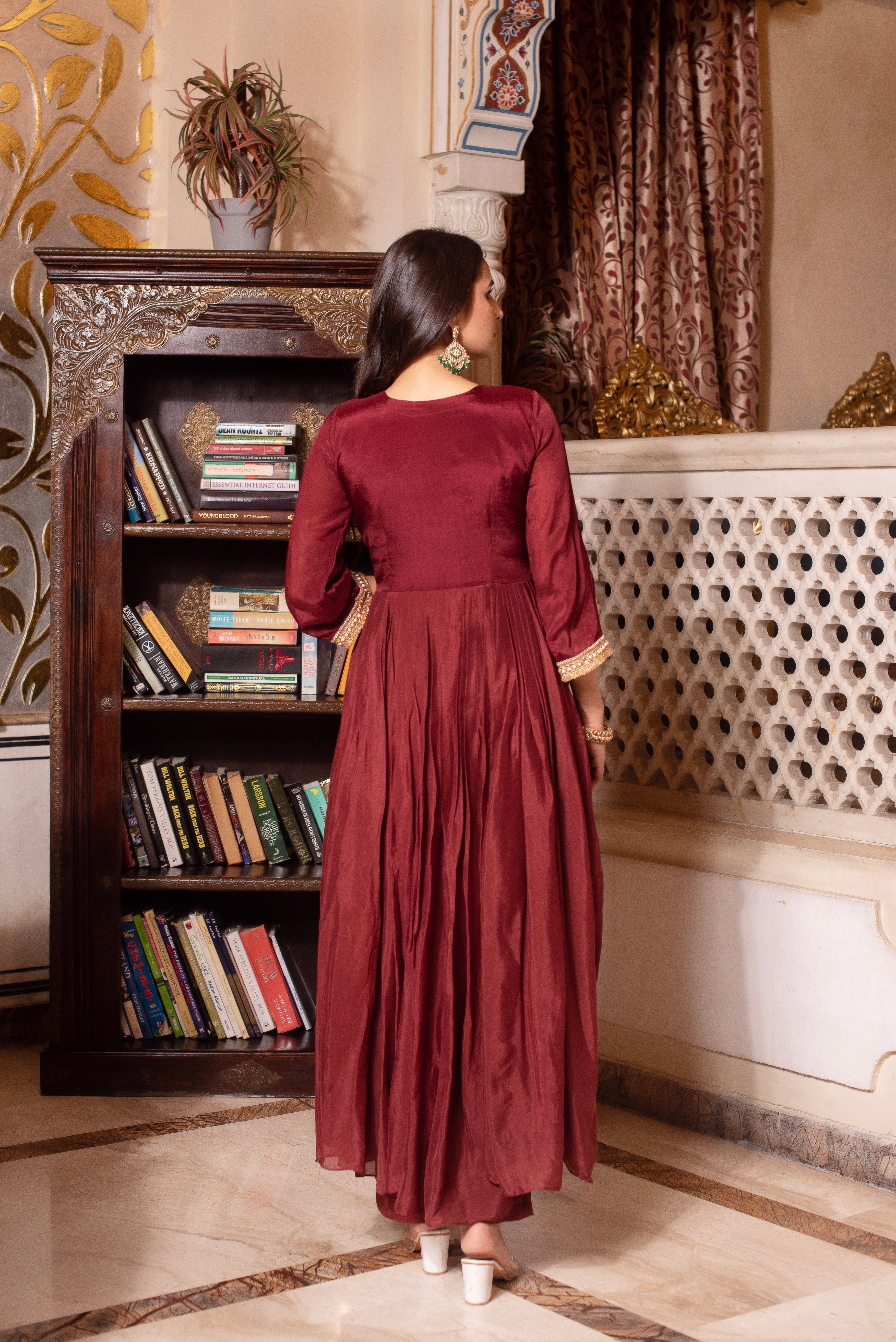 Brown Chinon Handwork Anarkali Suit Set