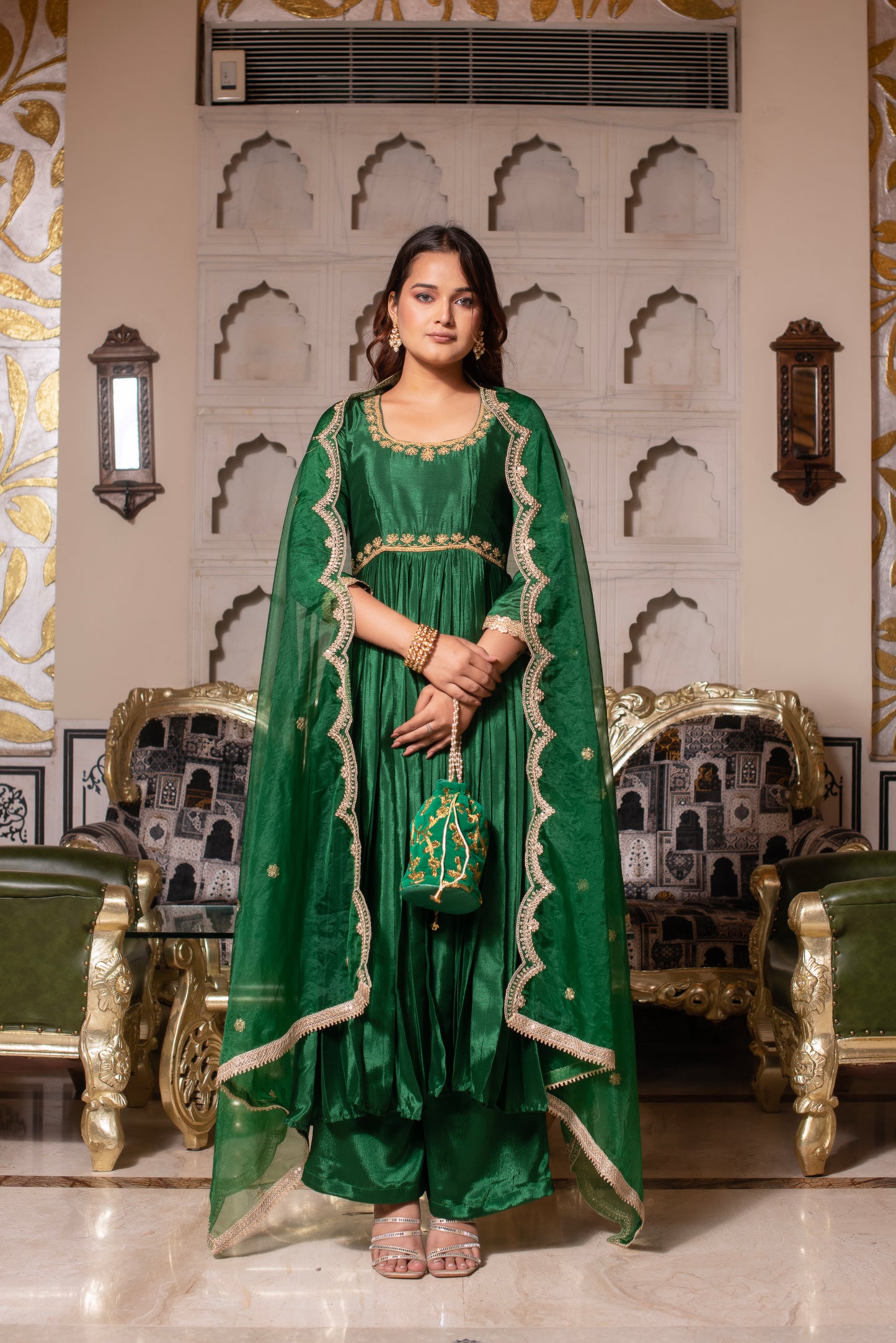 Forest Green Chinon Handwork Anarkali Suit Set