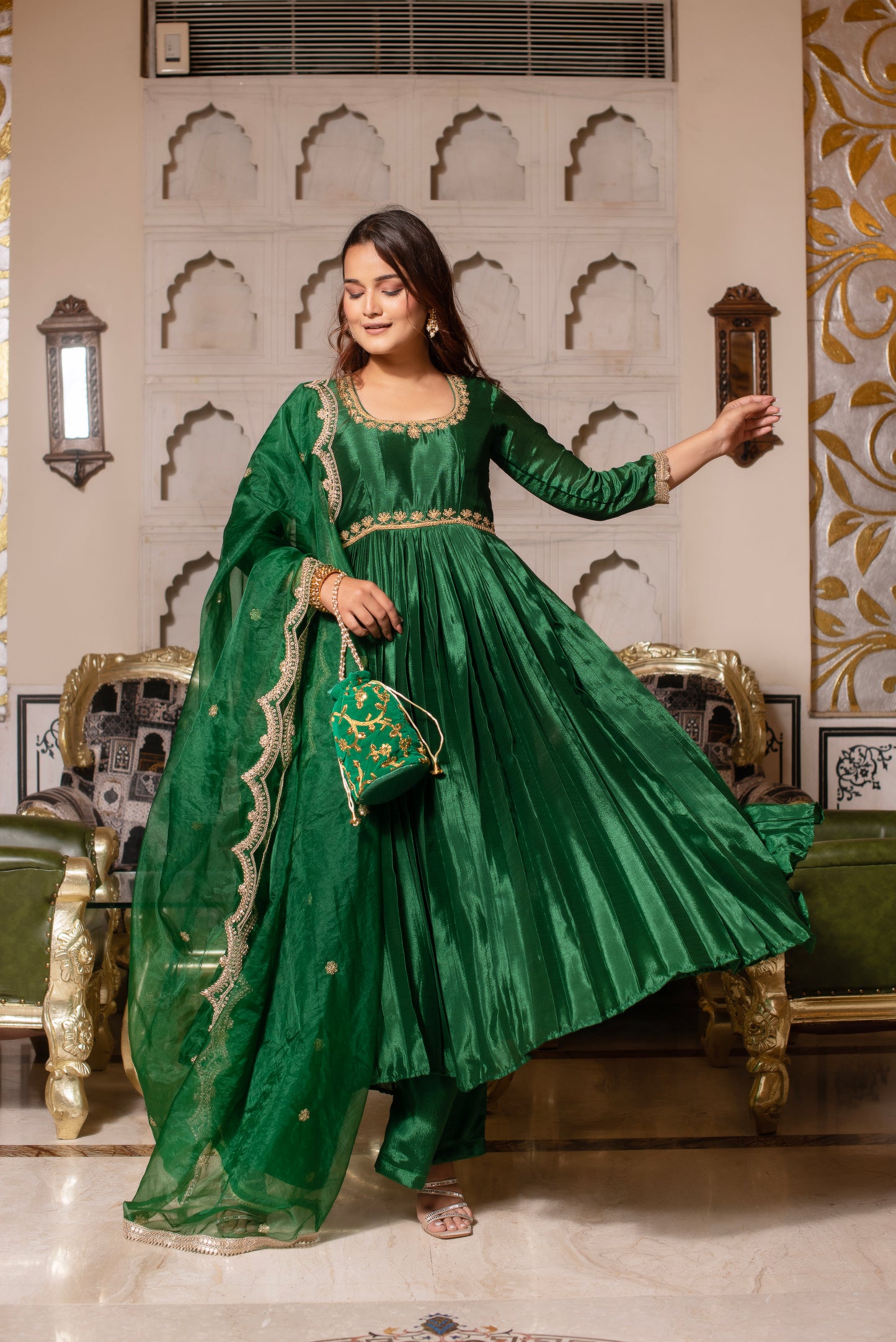 Forest Green Chinon Handwork Anarkali Suit Set