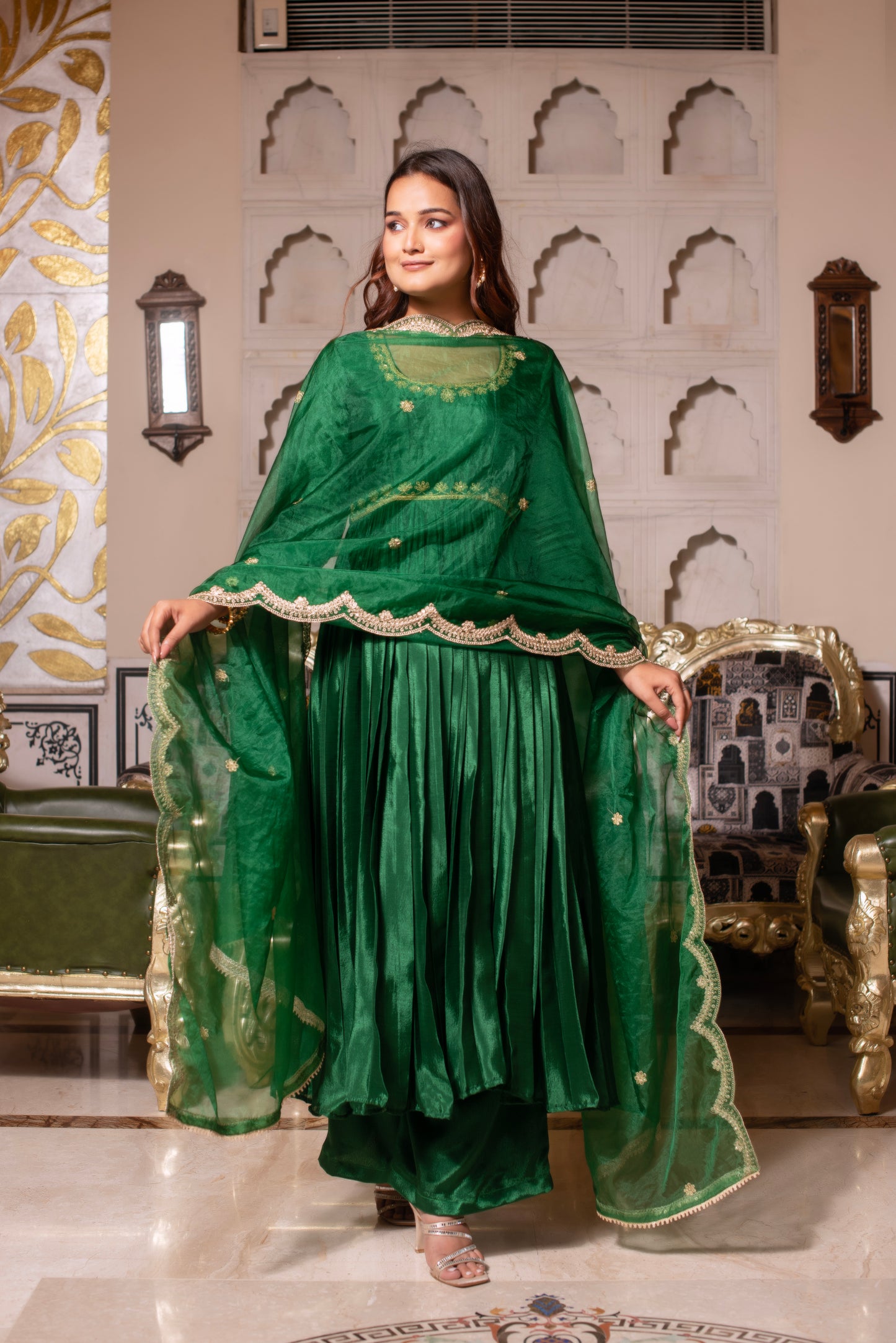 Forest Green Chinon Handwork Anarkali Suit Set