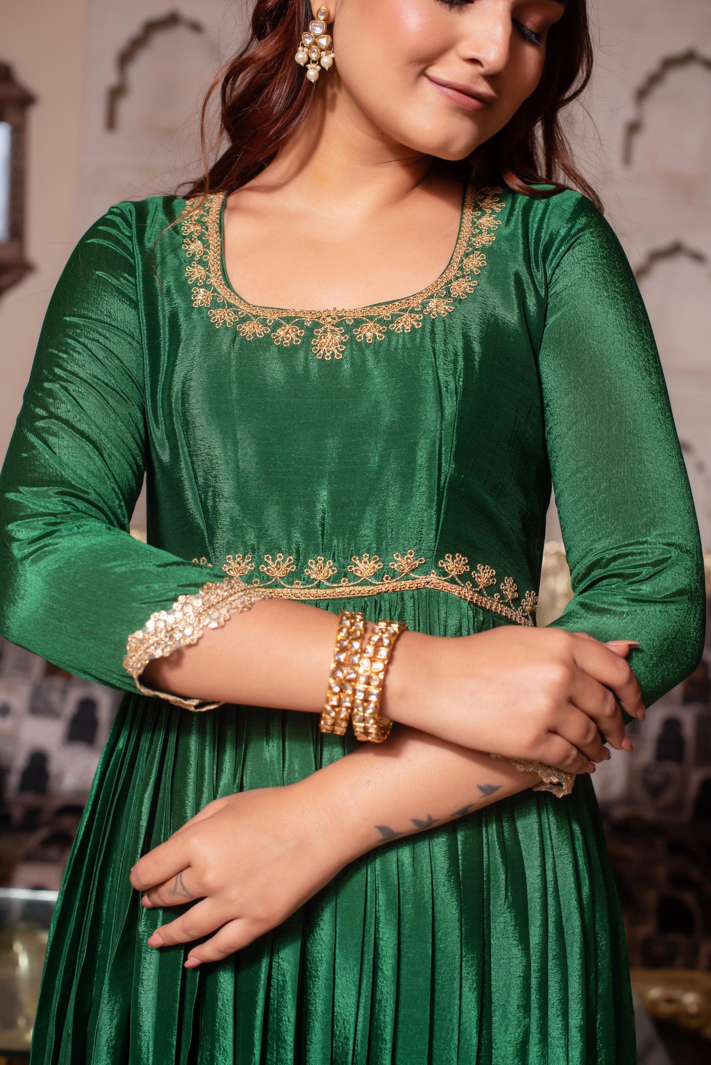 Forest Green Chinon Handwork Anarkali Suit Set