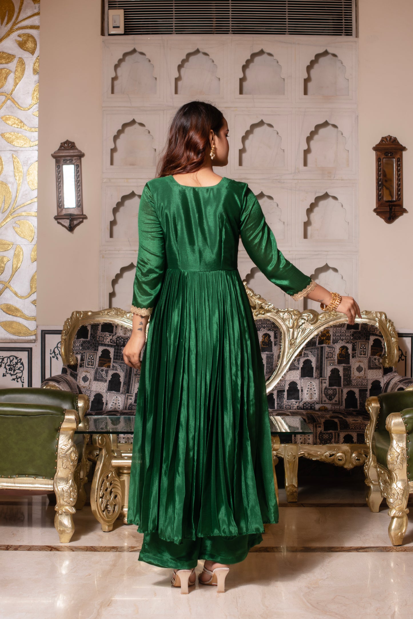 Forest Green Chinon Handwork Anarkali Suit Set
