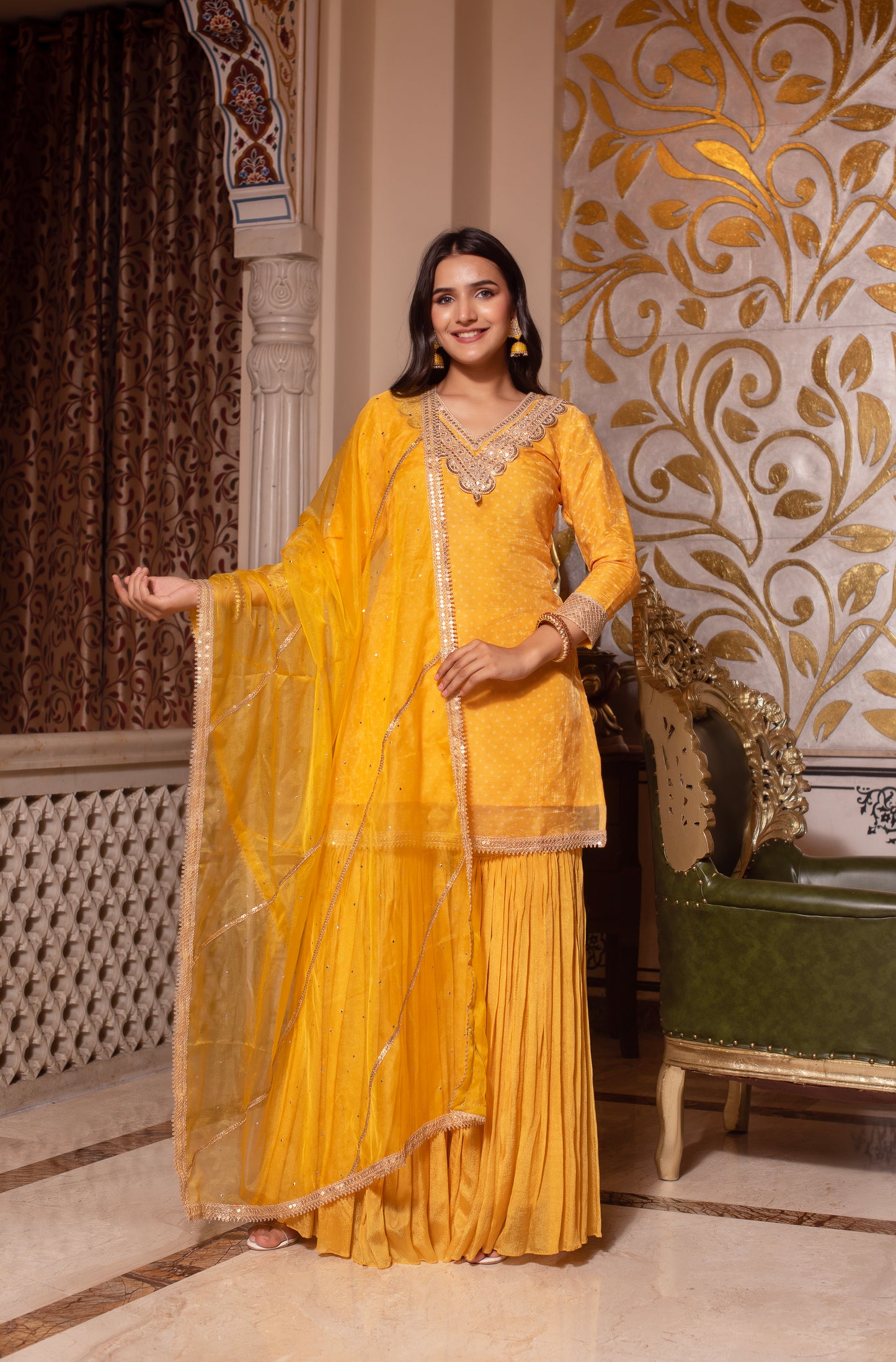 Yellow Organza Chinon Handwork Sharara Set