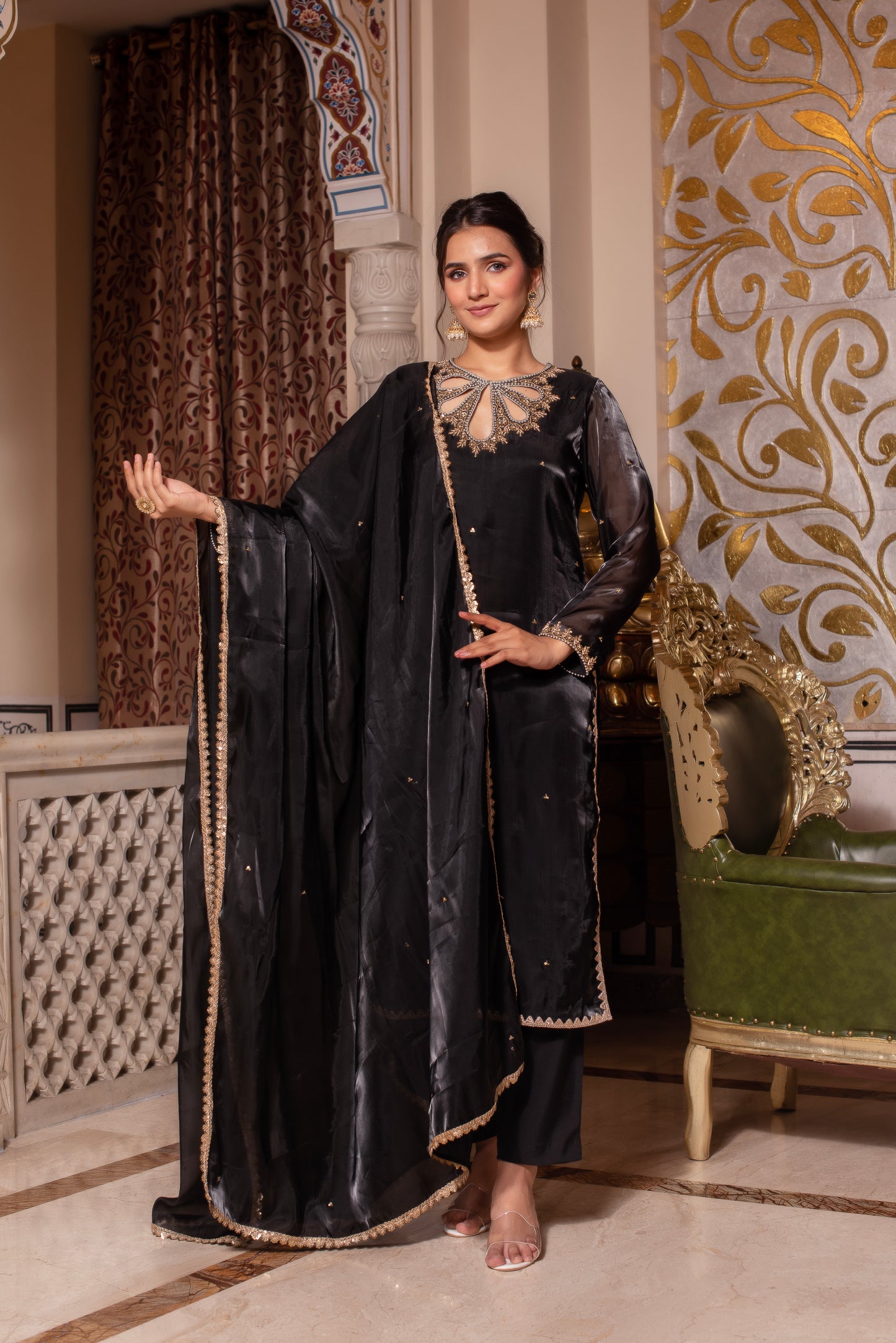 Black Organza Pakistani Handwork Suit Set