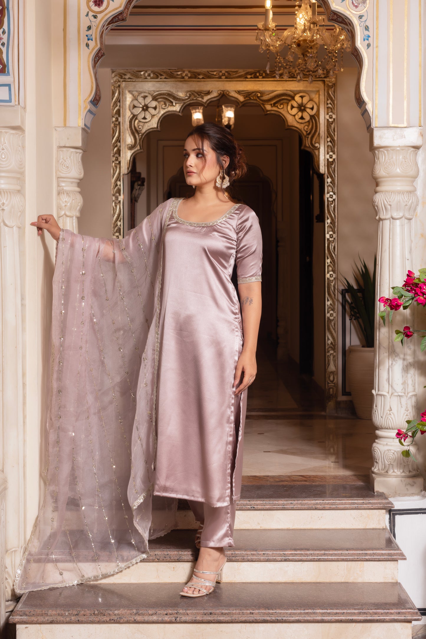 Burnt Lavender Satin Straight Suit Set