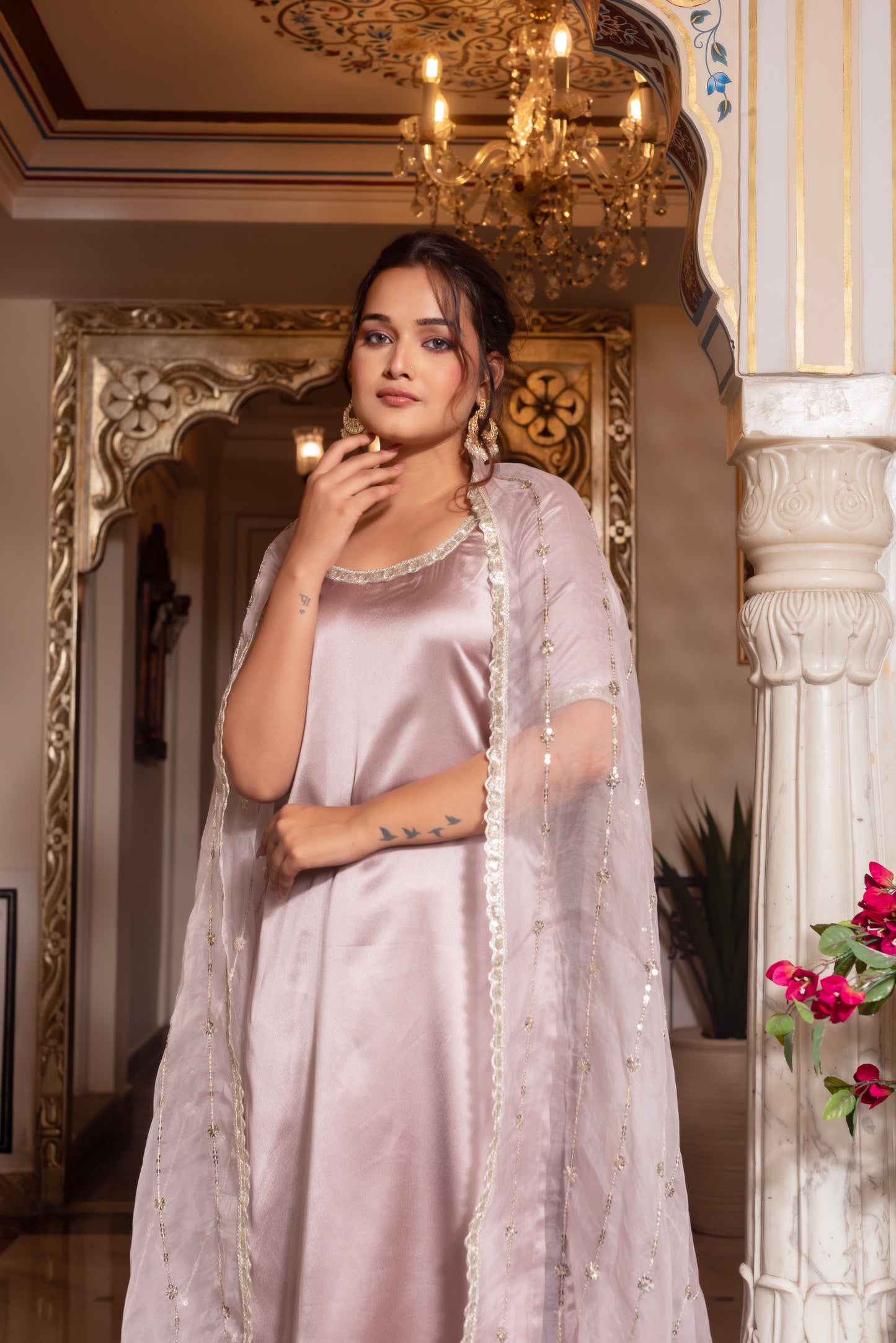 Burnt Lavender Satin Straight Suit Set