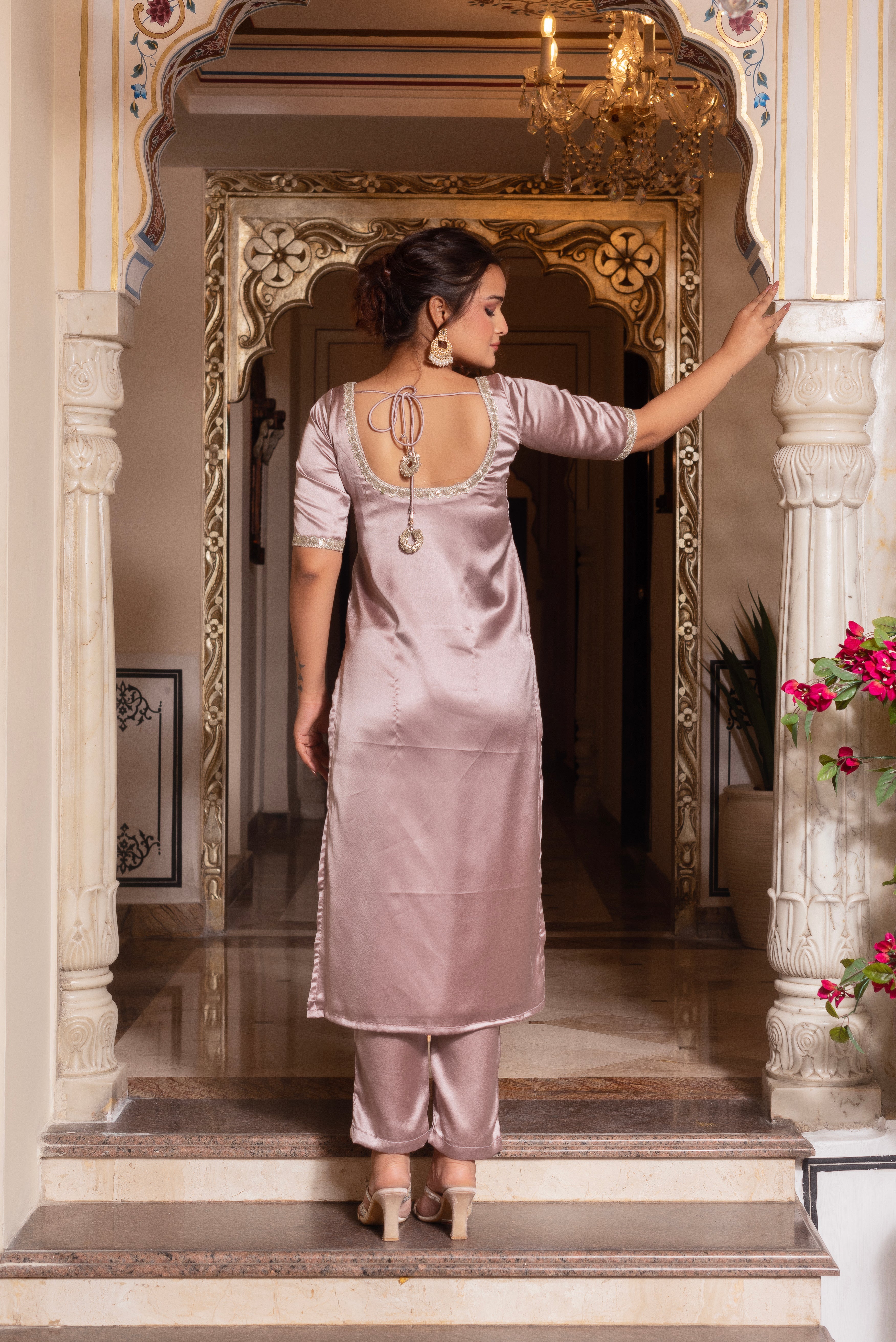 Burnt Lavender Satin Straight Suit Set