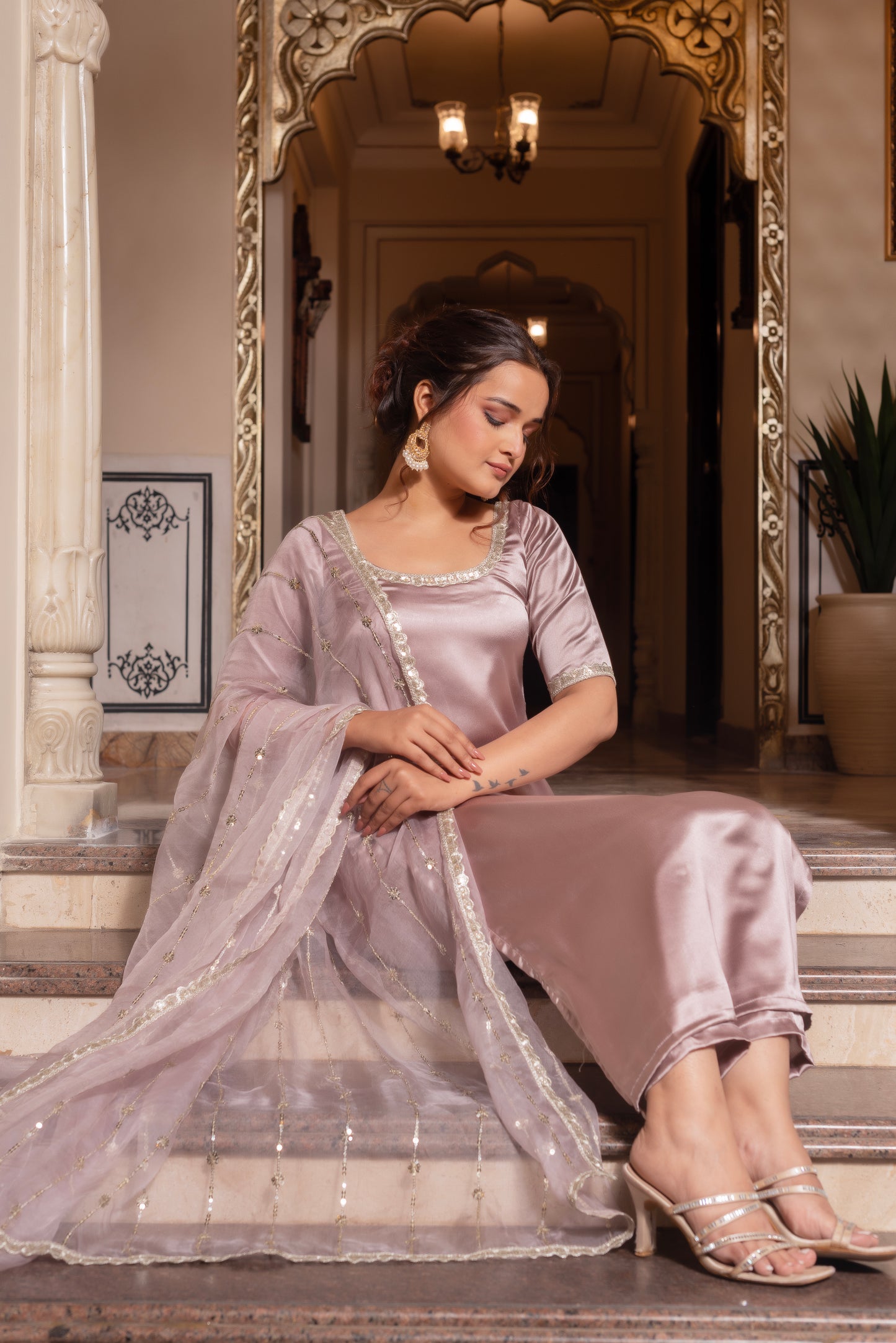 Burnt Lavender Satin Straight Suit Set