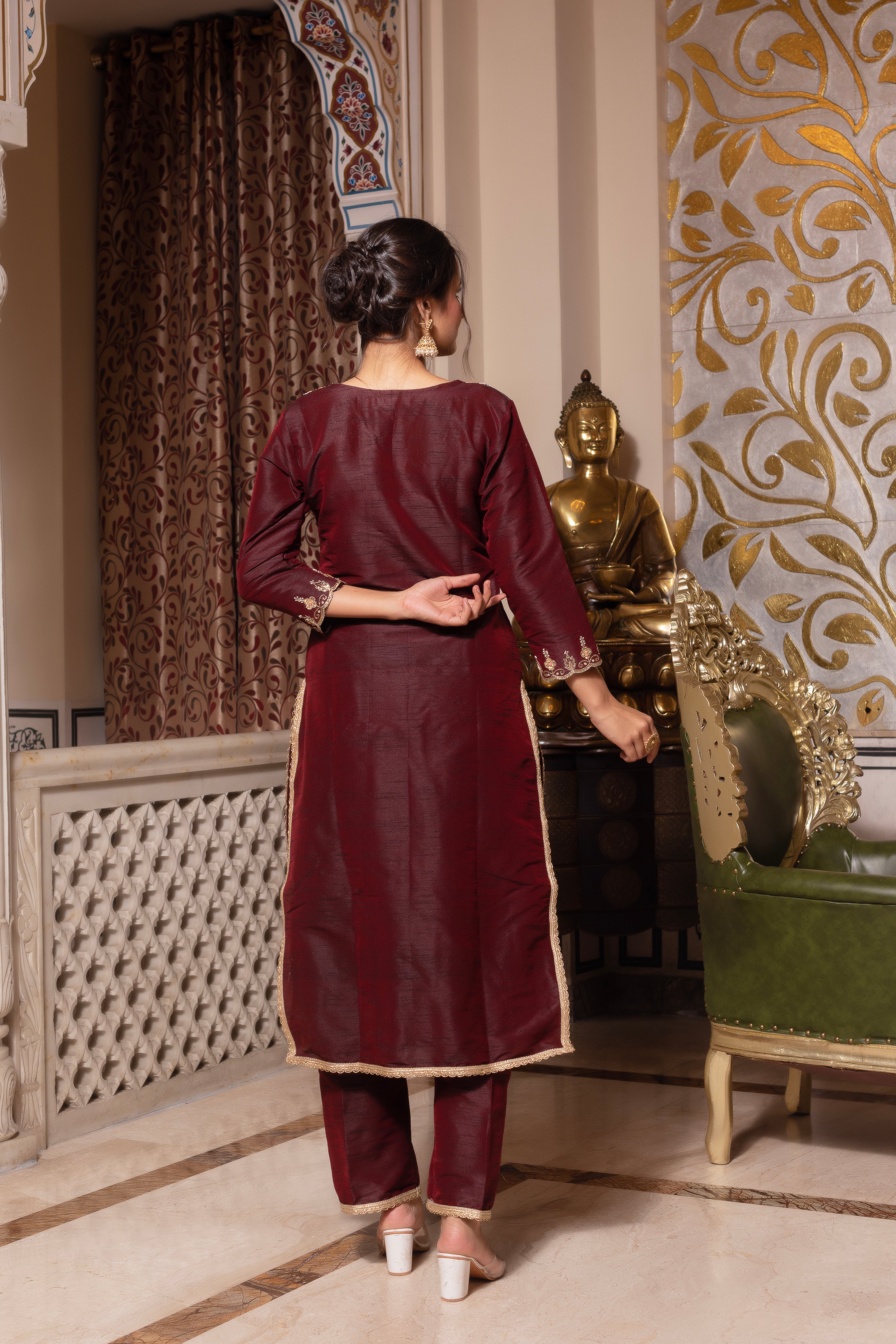 Dark Maroon Handwork Pakistani Silk Kurta Set