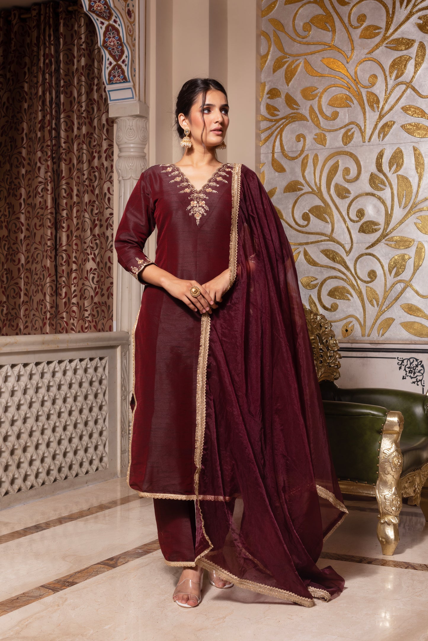 Dark Maroon Handwork Pakistani Silk Kurta Set