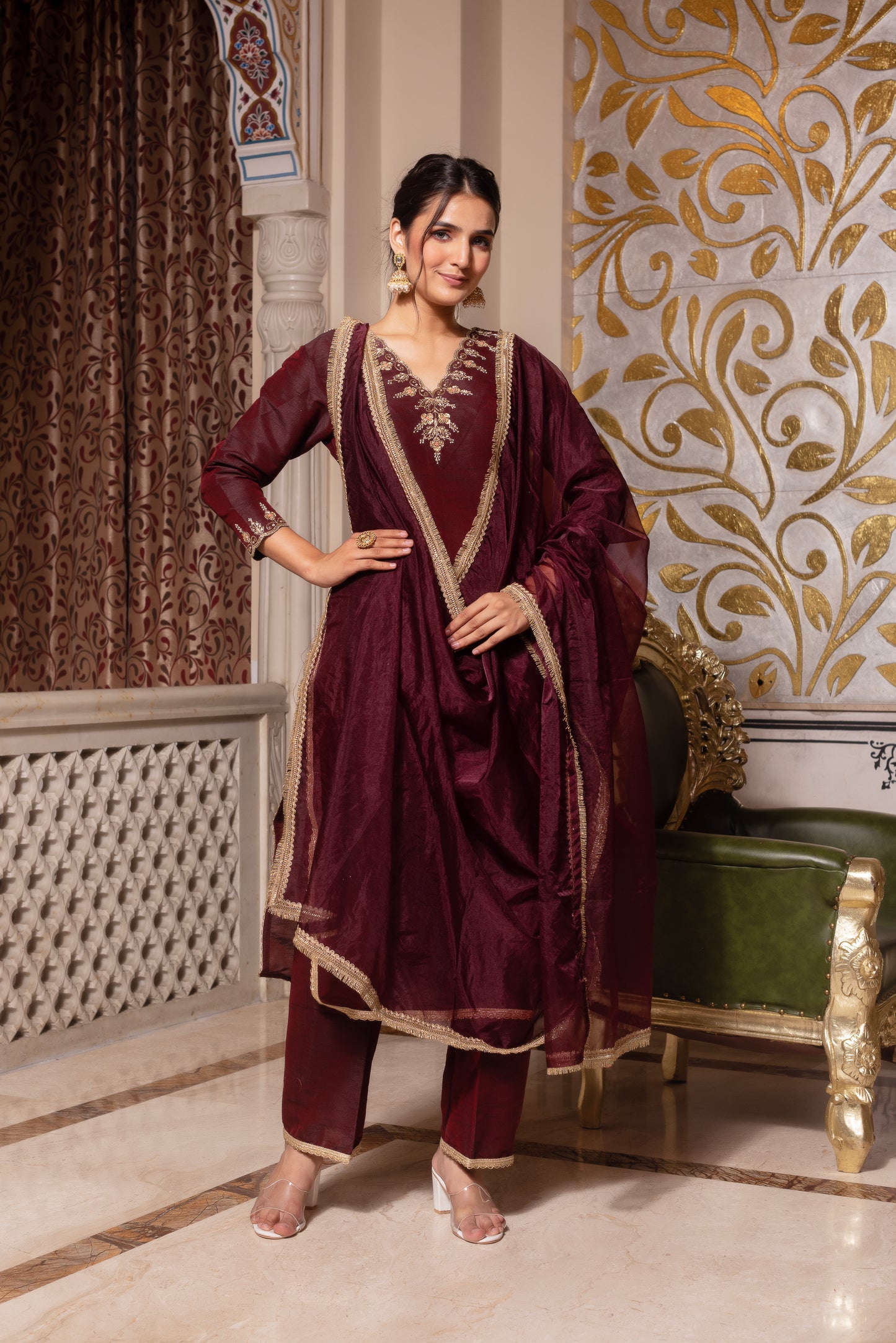 Dark Maroon Handwork Pakistani Silk Kurta Set