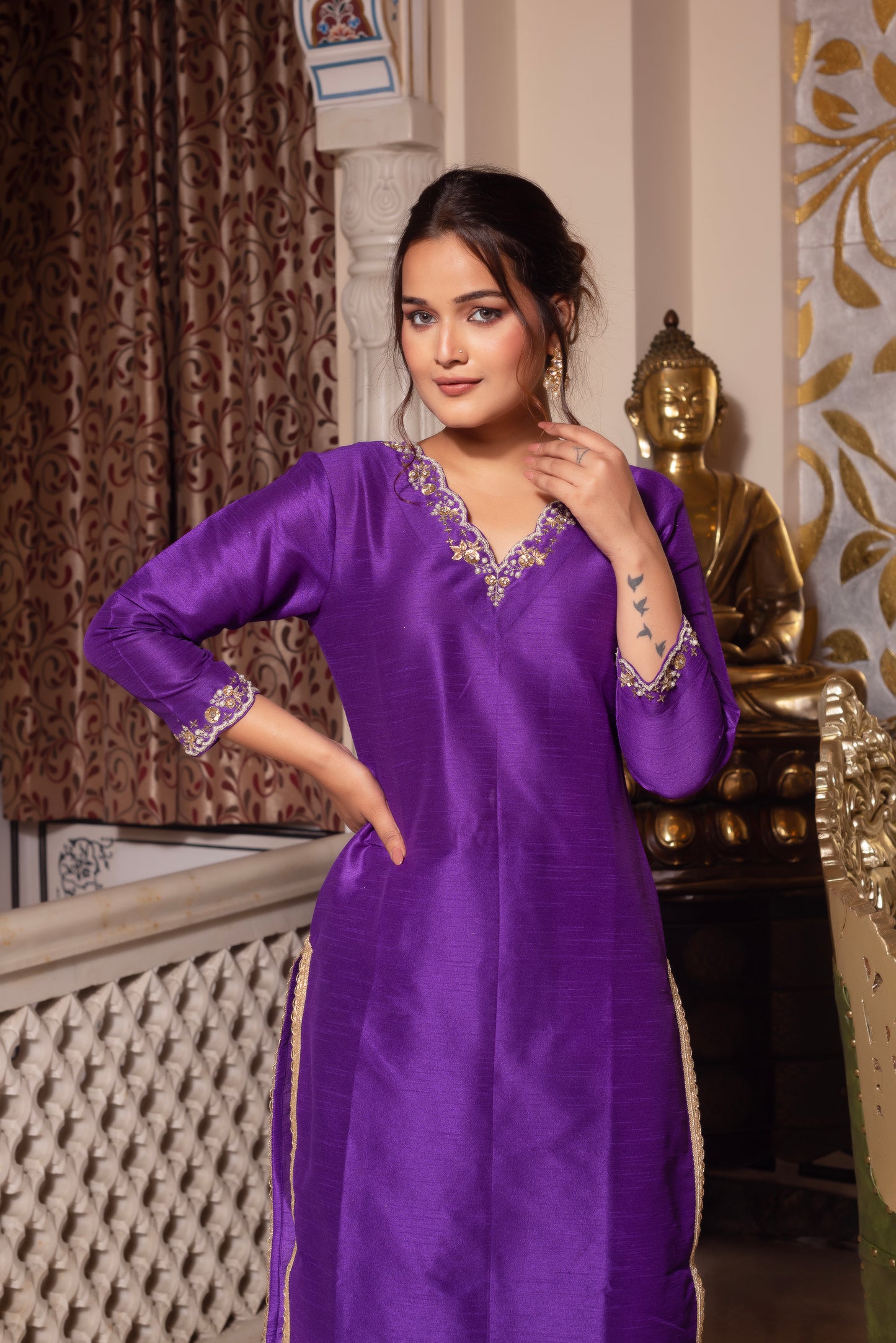 Purple Handwork Pakistani Silk Kurta Set