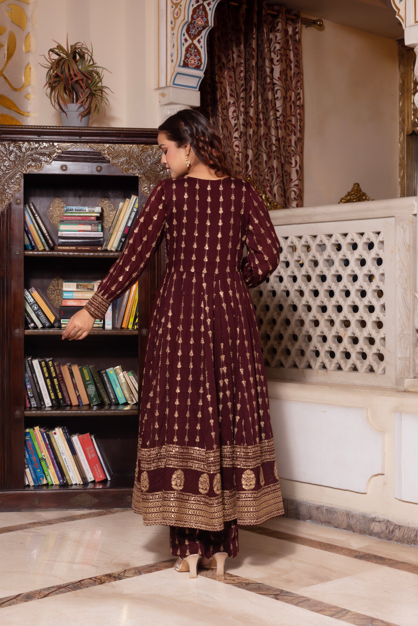 Wine Embroidered Sequined Anarkali Suit Set