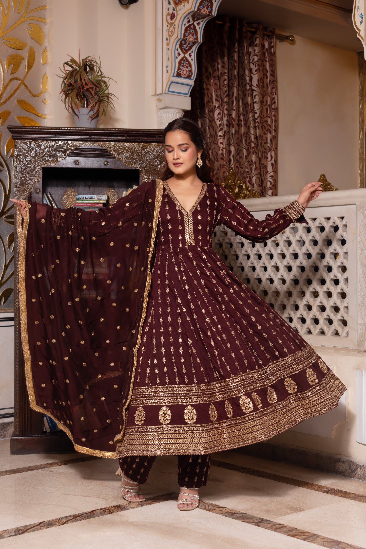 Wine Embroidered Sequined Anarkali Suit Set