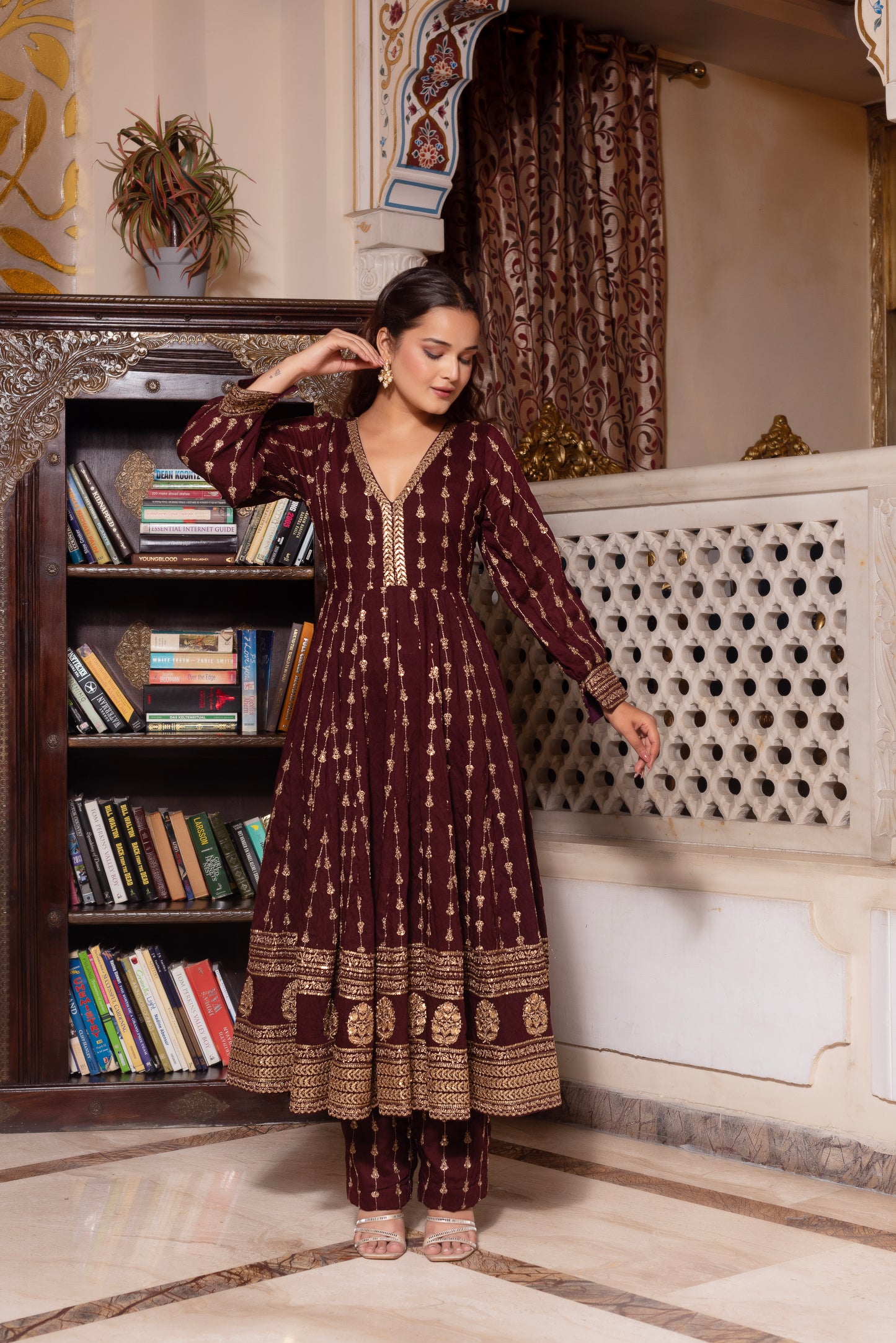Wine Embroidered Sequined Anarkali Suit Set