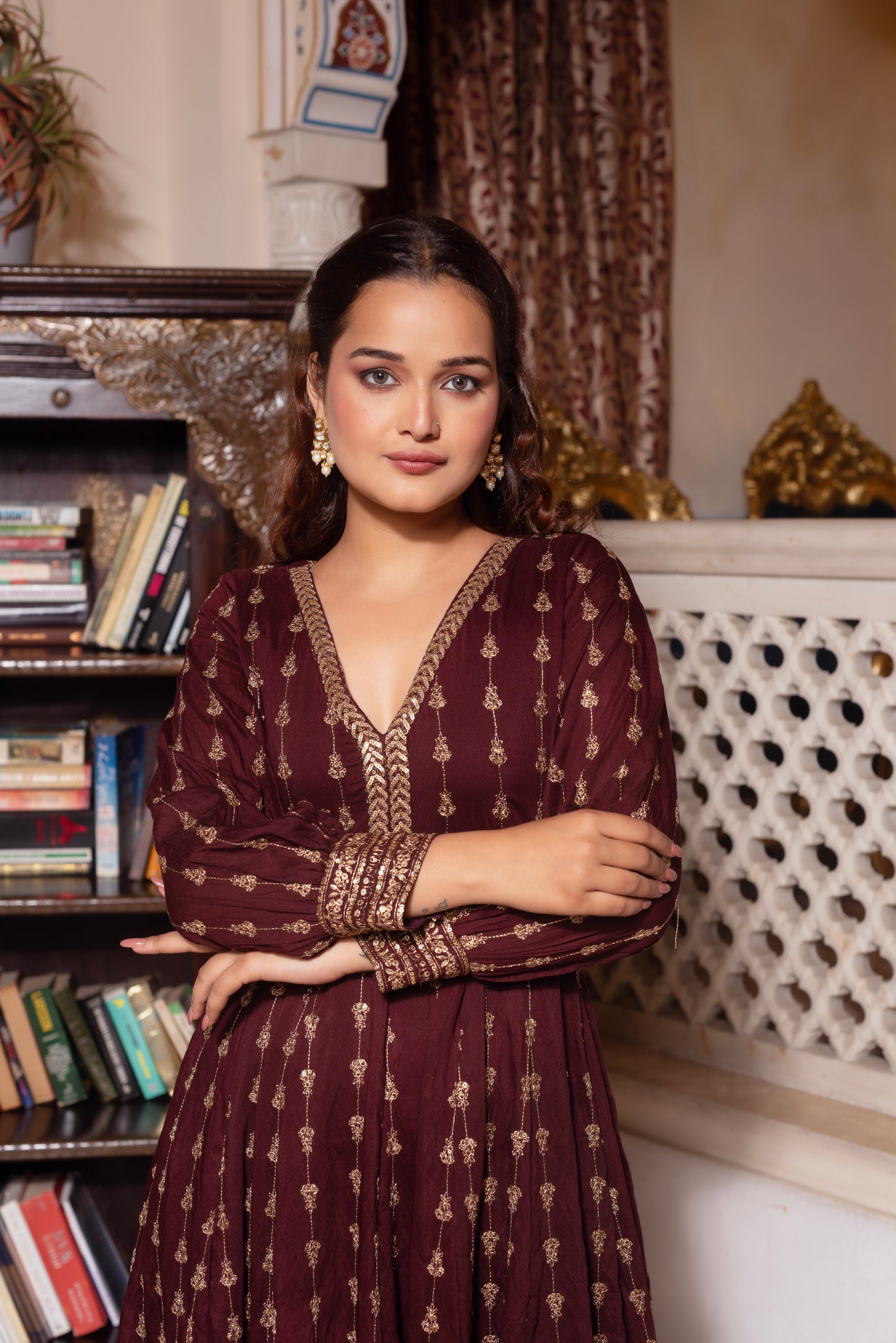 Wine Embroidered Sequined Anarkali Suit Set