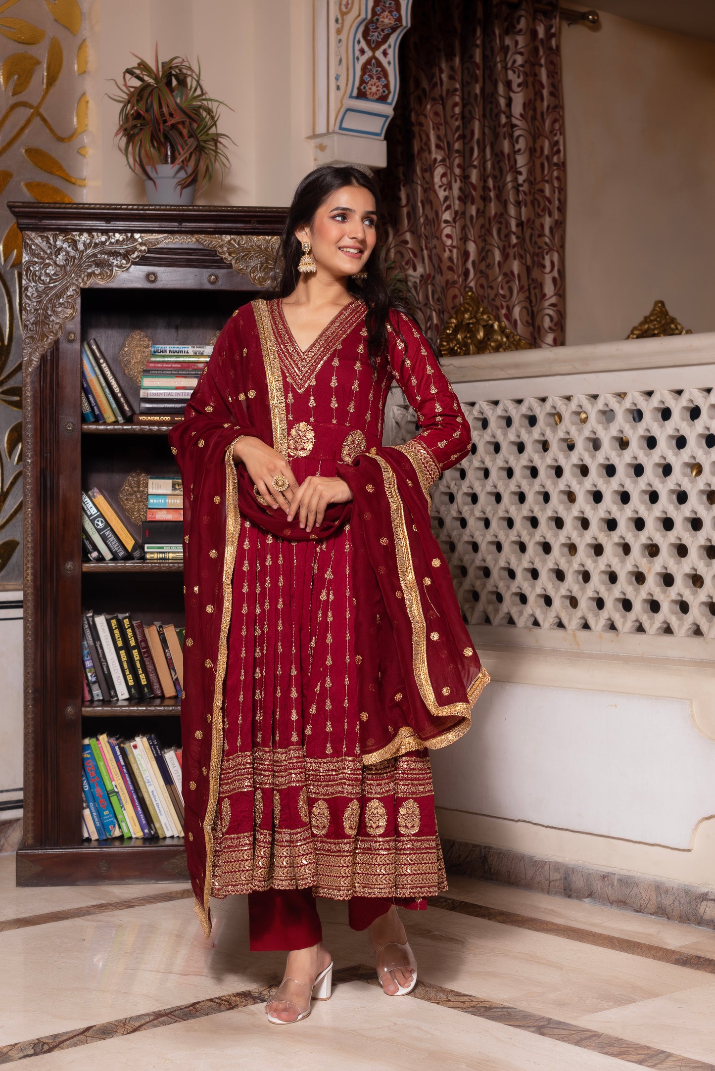 Maroon Embroidered Sequined Anarkali Suit Set