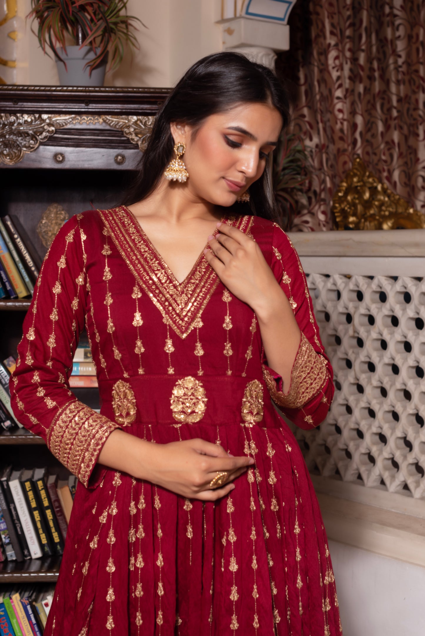 Maroon Embroidered Sequined Anarkali Suit Set