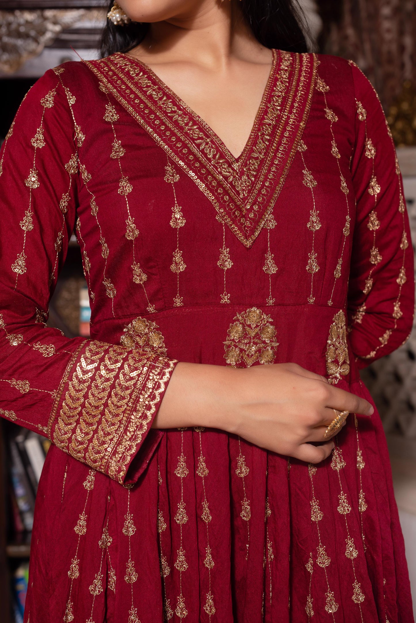 Maroon Embroidered Sequined Anarkali Suit Set