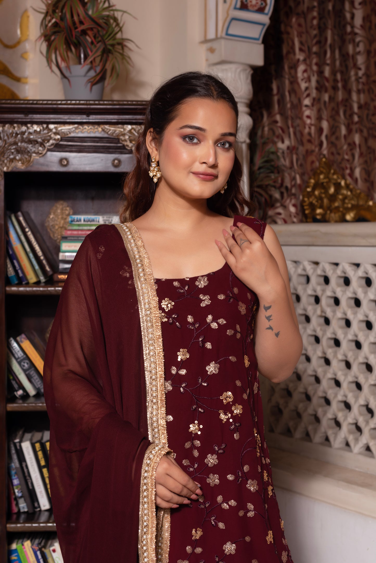 Wine Embroidered Sequined Sharara Set