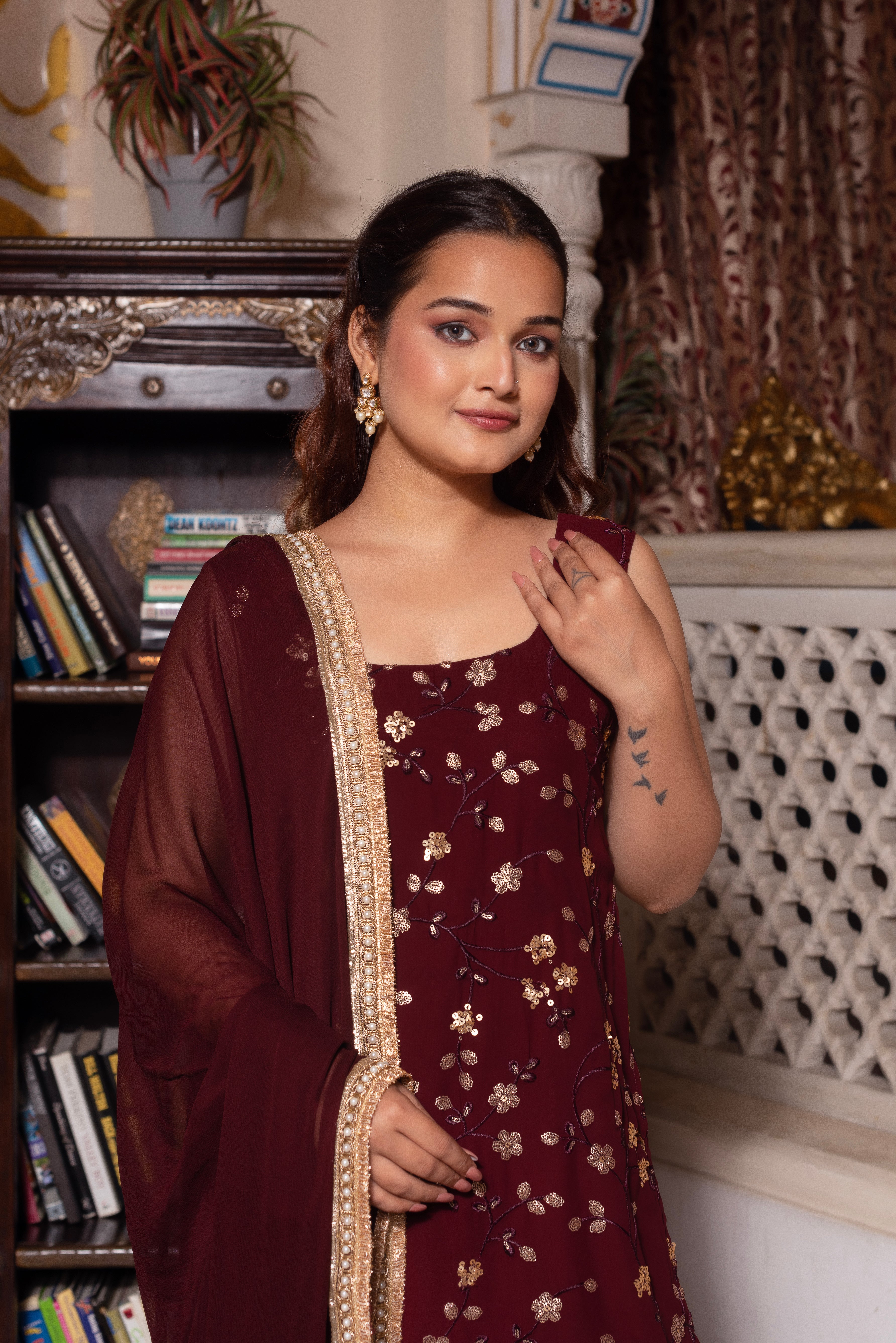 Wine Embroidered Sequined Sharara Set