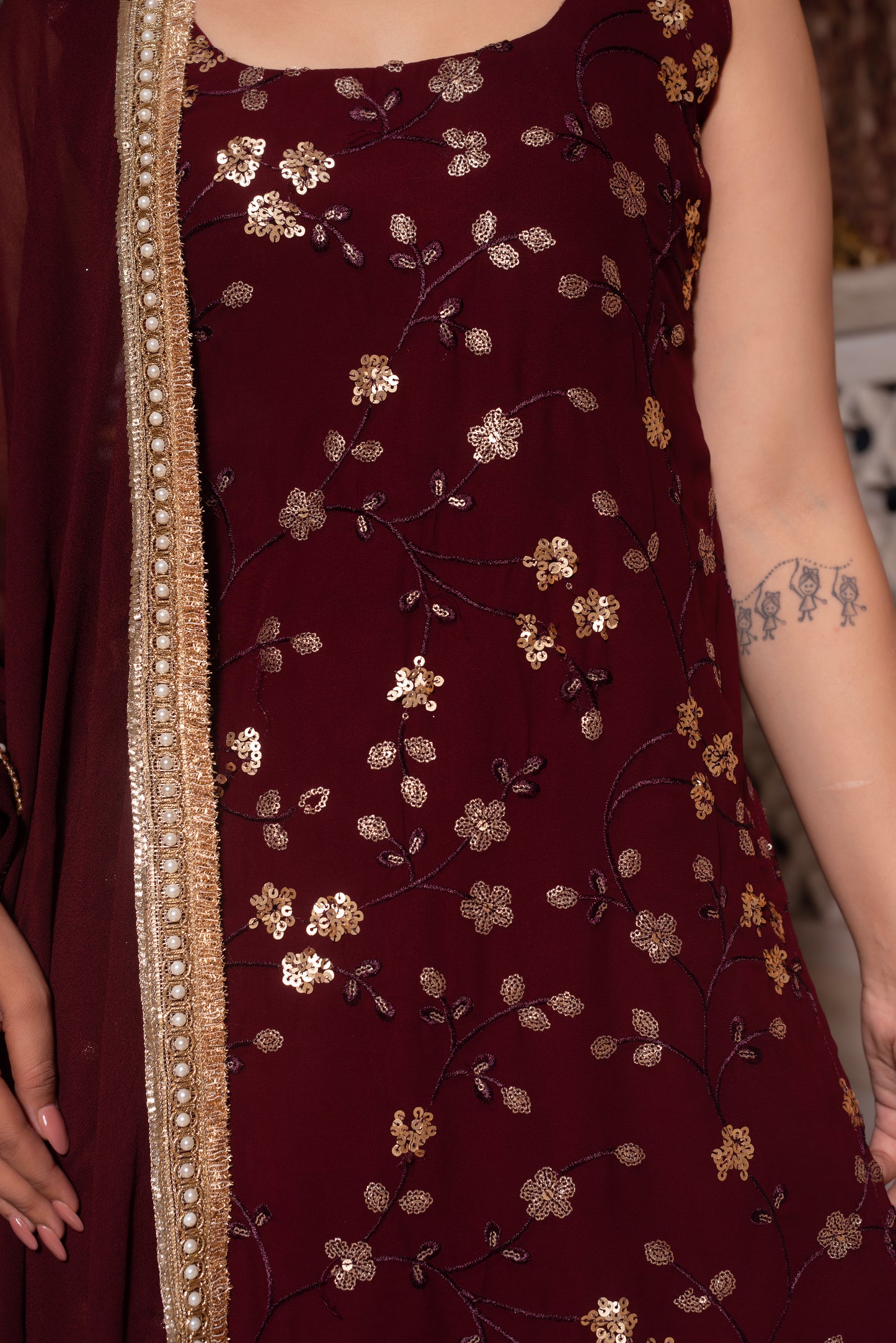 Wine Embroidered Sequined Sharara Set