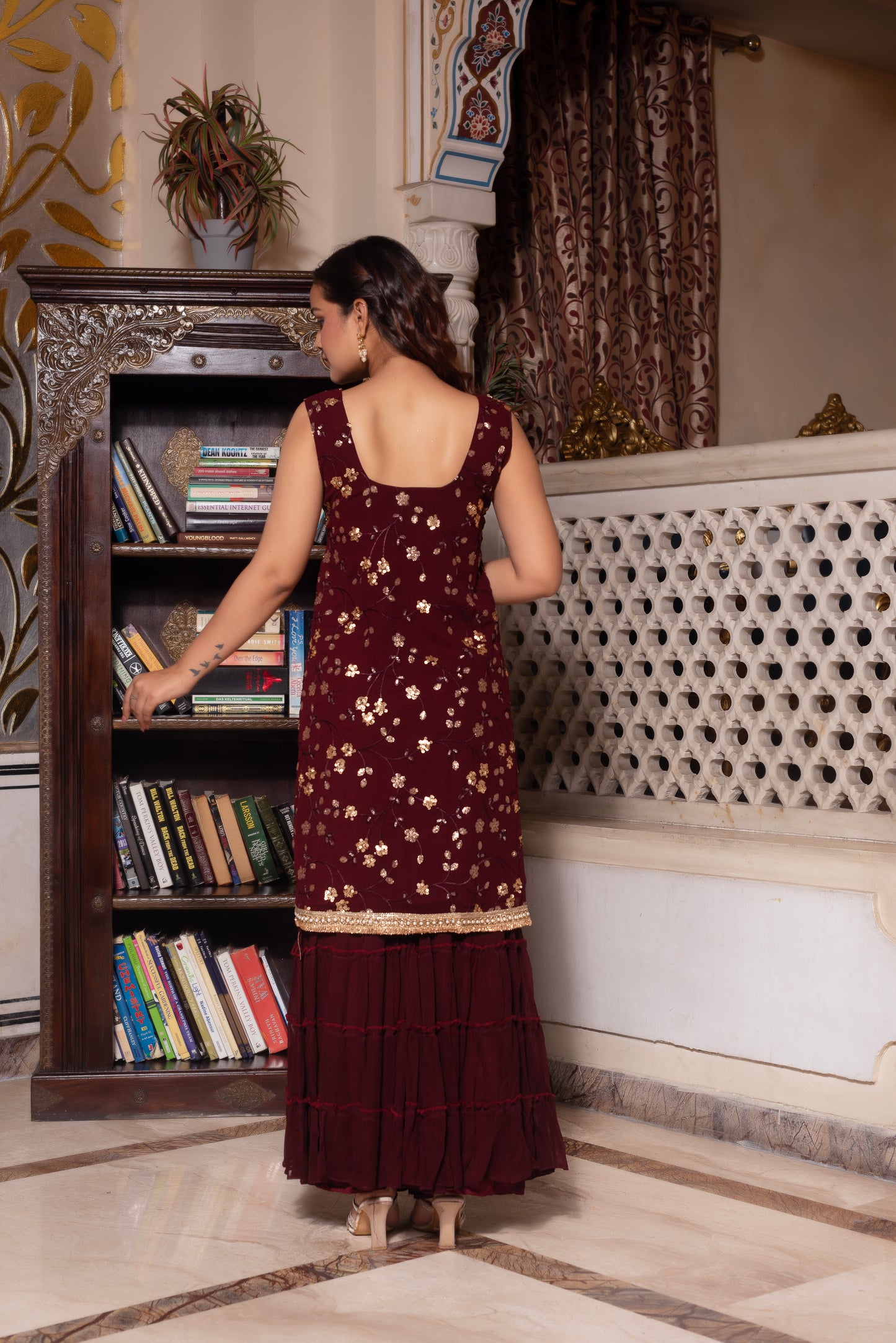 Wine Embroidered Sequined Sharara Set