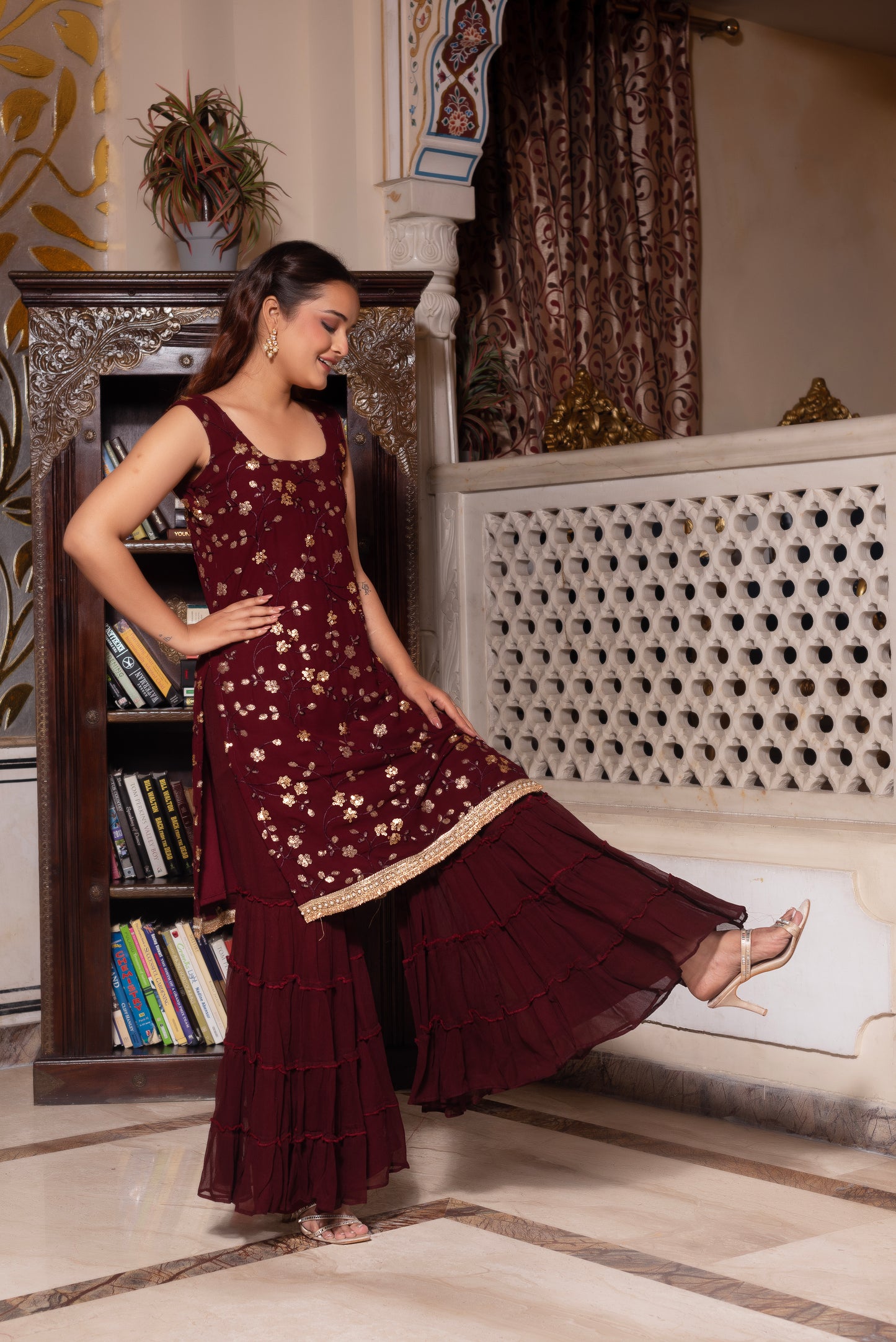 Wine Embroidered Sequined Sharara Set