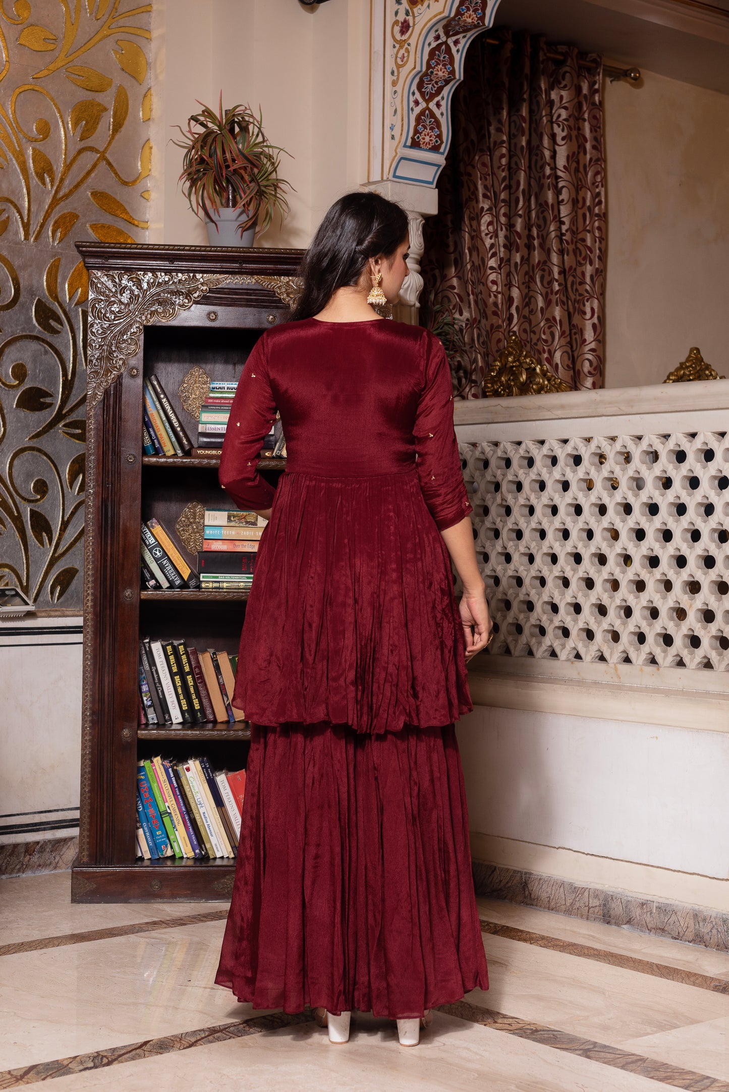 Maroon Chinon Handwork Sharara Set