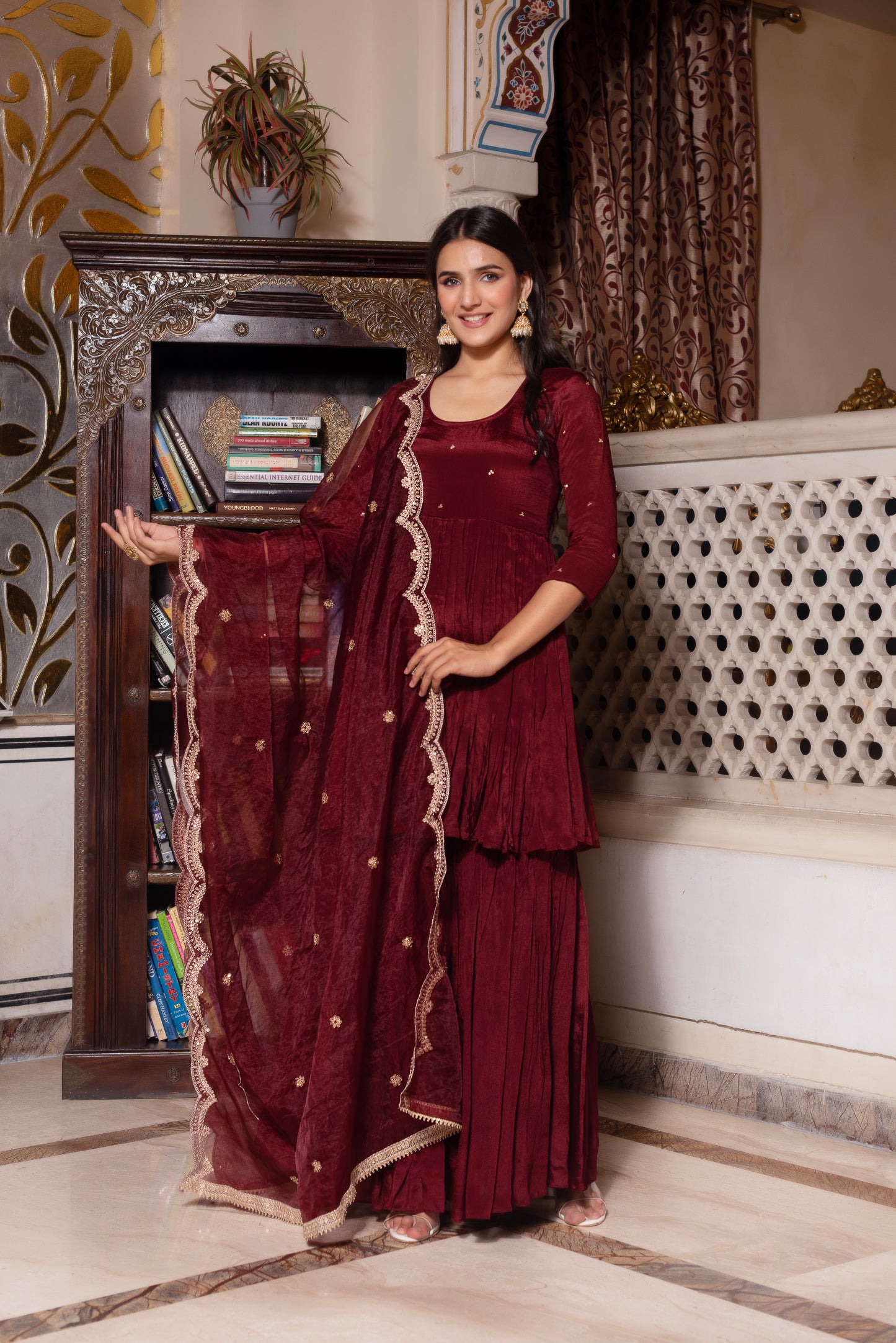 Maroon Chinon Handwork Sharara Set