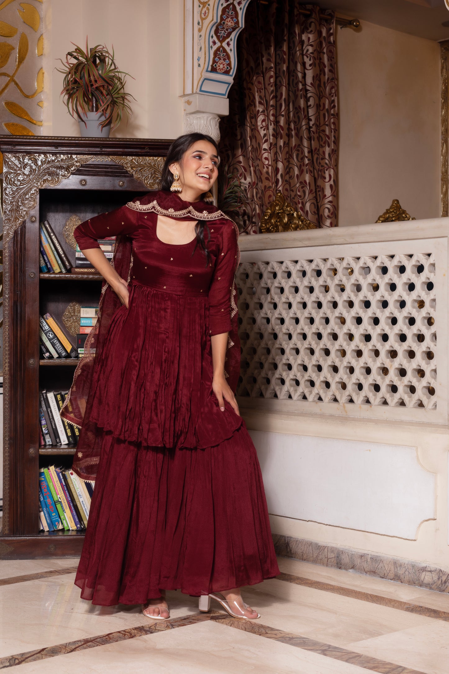 Maroon Chinon Handwork Sharara Set