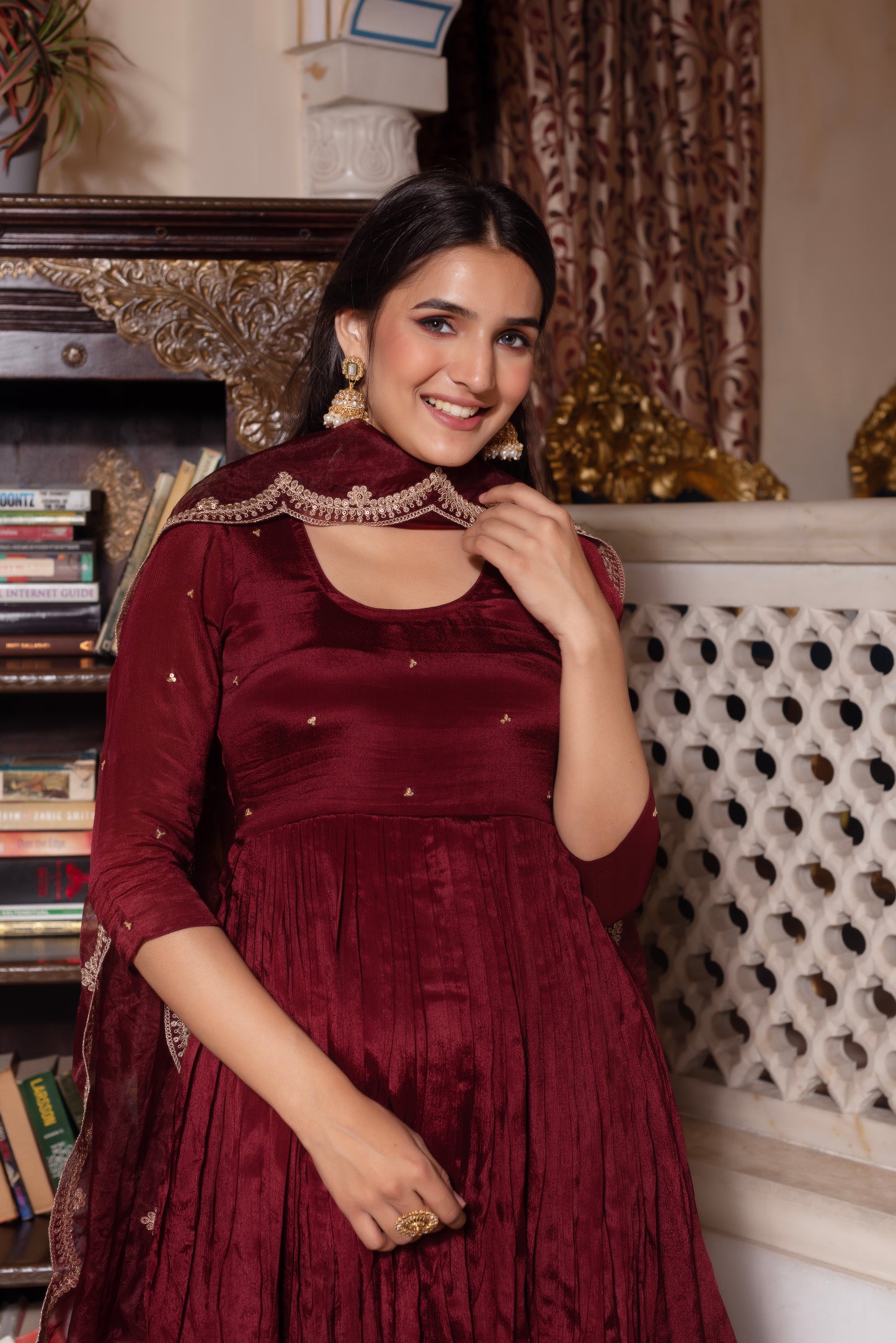 Maroon Chinon Handwork Sharara Set