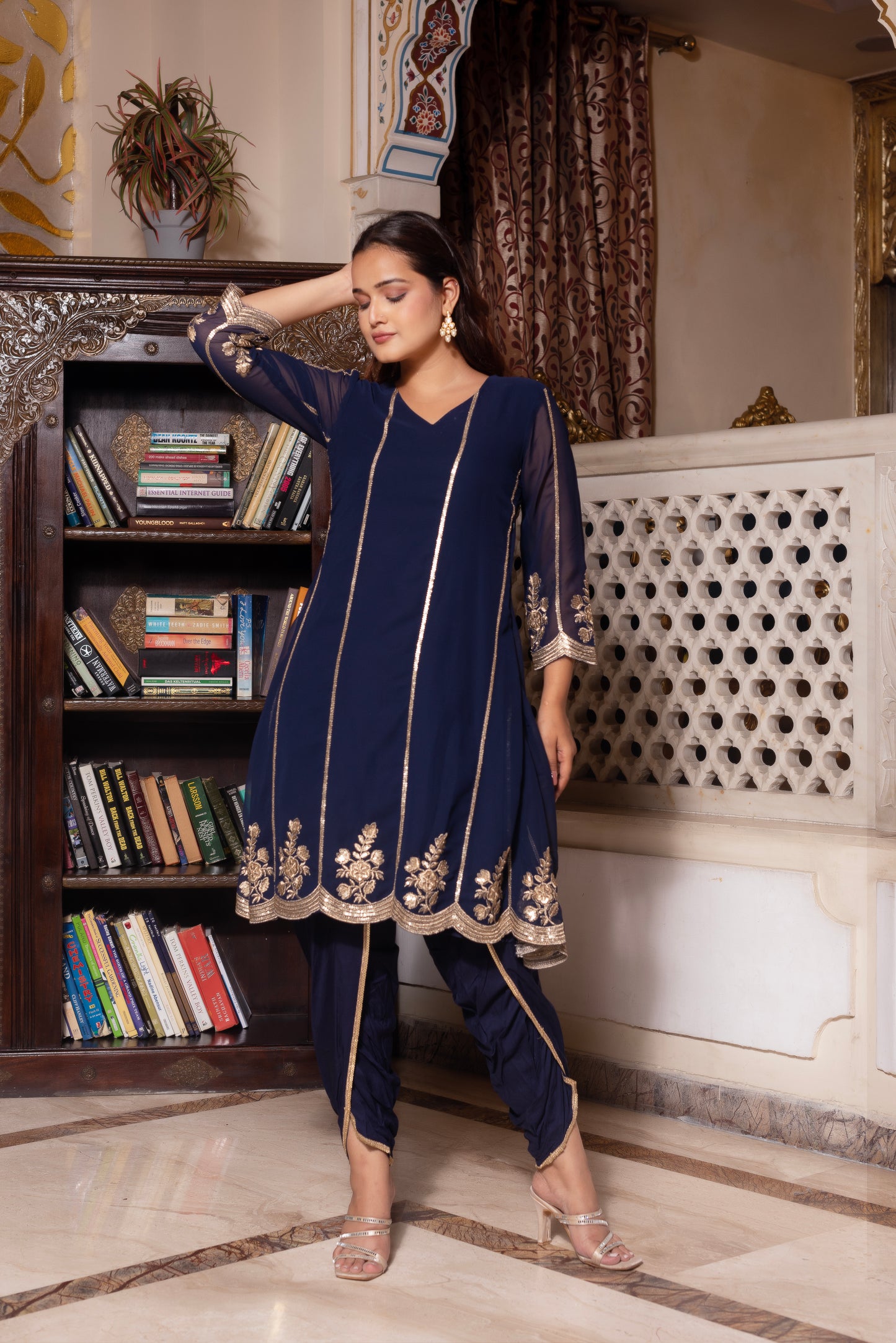 Navy Blue Embroidered Dhoti Set