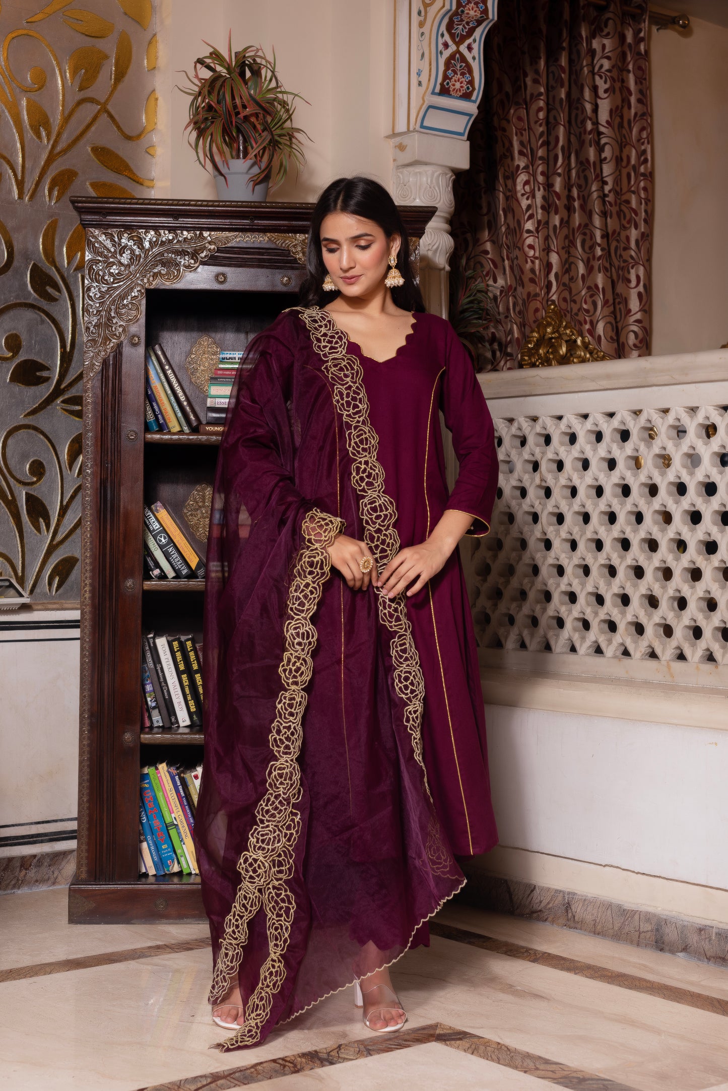 Wine Zari Organza Suit Set