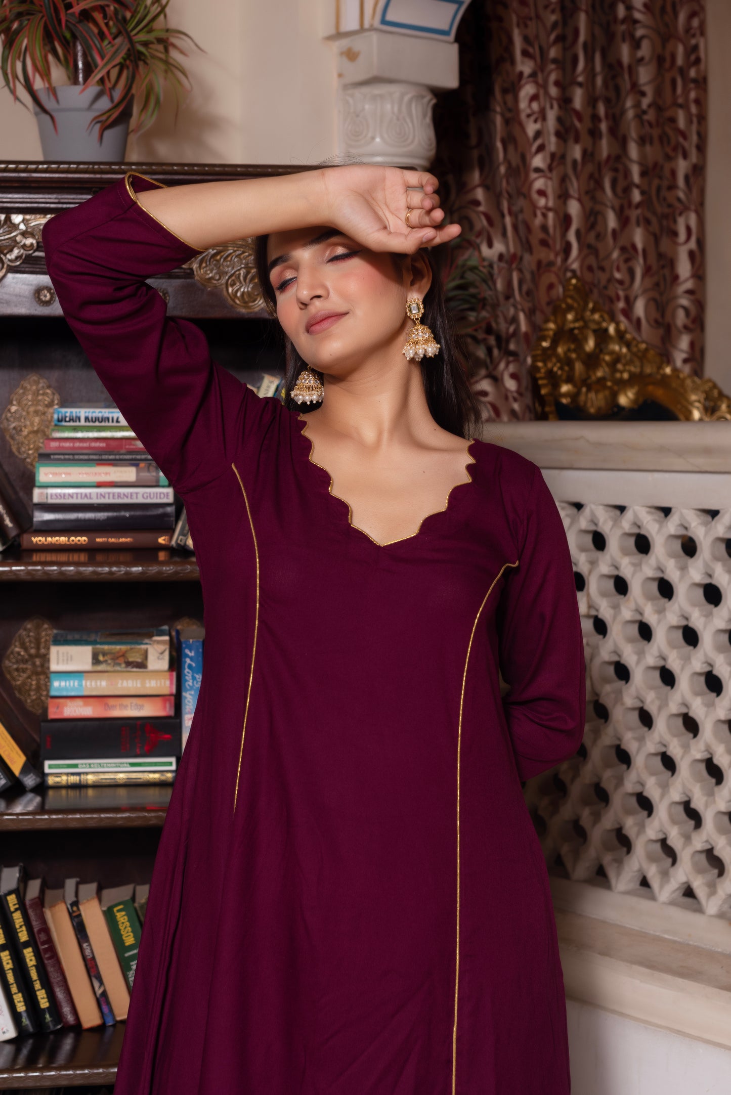 Wine Zari Organza Suit Set